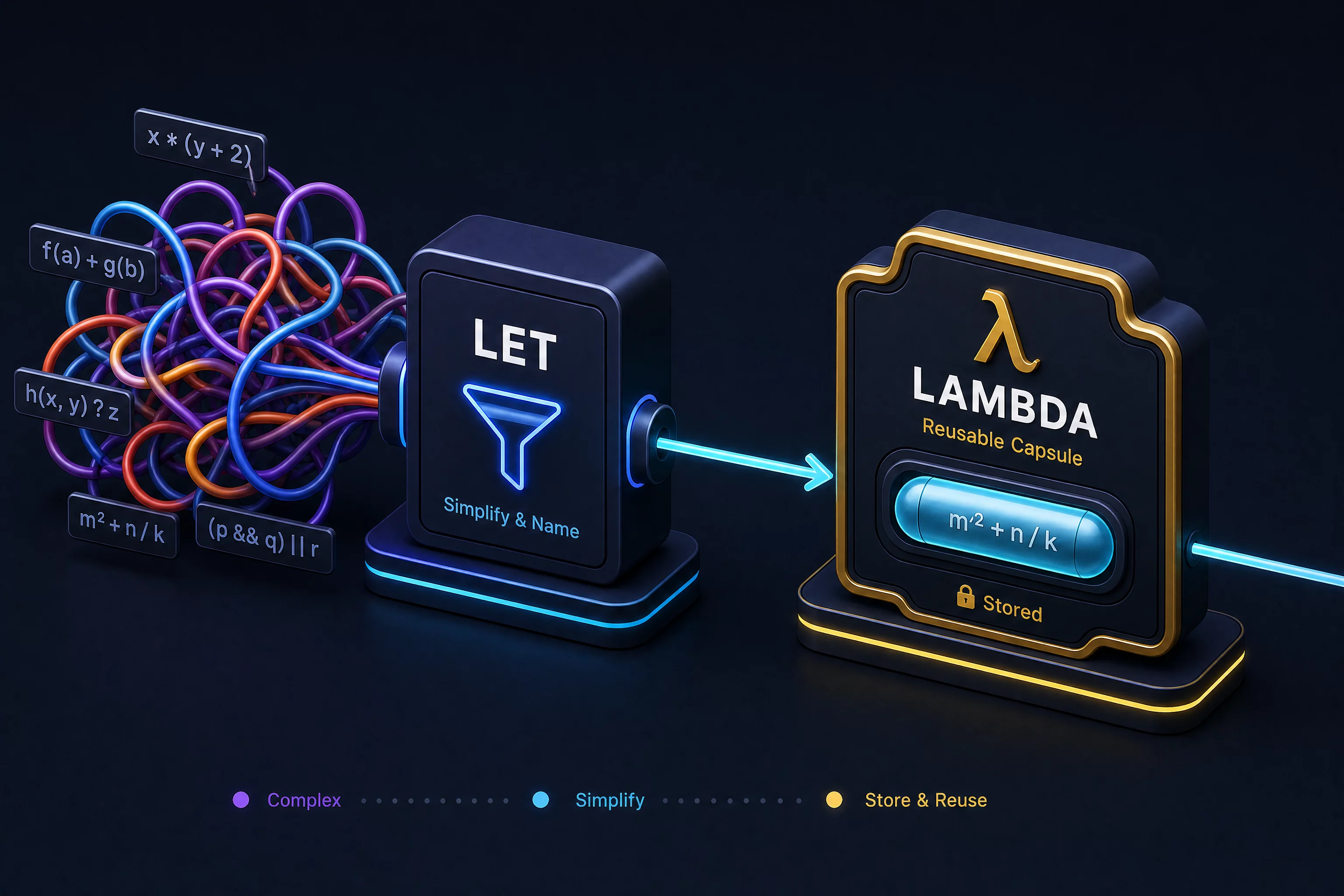 Схема связки LET и LAMBDA в Excel: LET упрощает логику формулы, LAMBDA сохраняет результат под именем функции