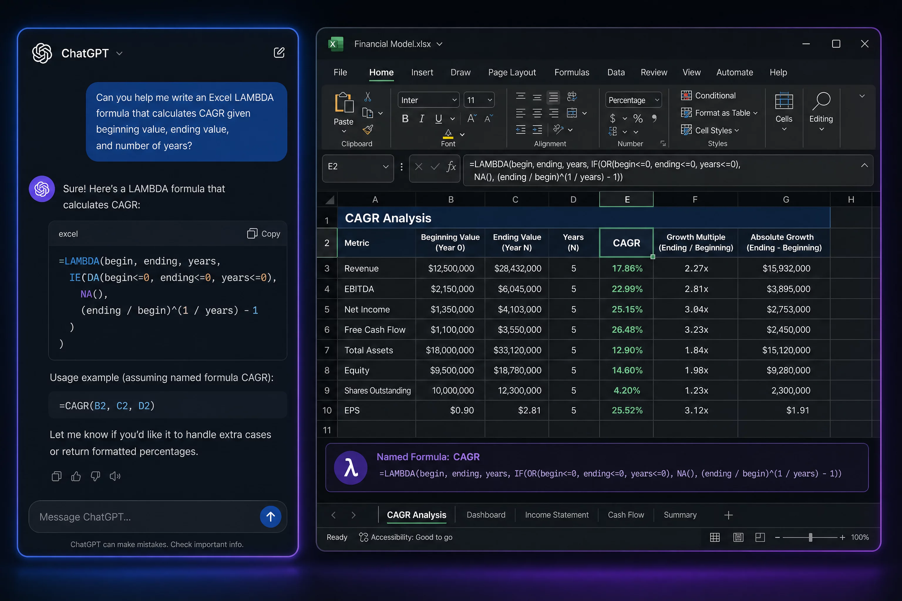 UI-mockup рабочего стола: окно ChatGPT с диалогом о LAMBDA-функции рядом с окном Excel, где видна финансовая таблица и формула в строке ввода, тёмный фон, синий #2563EB и фиолетовый #7C3AED, без людей, горизонтальный 3:2
