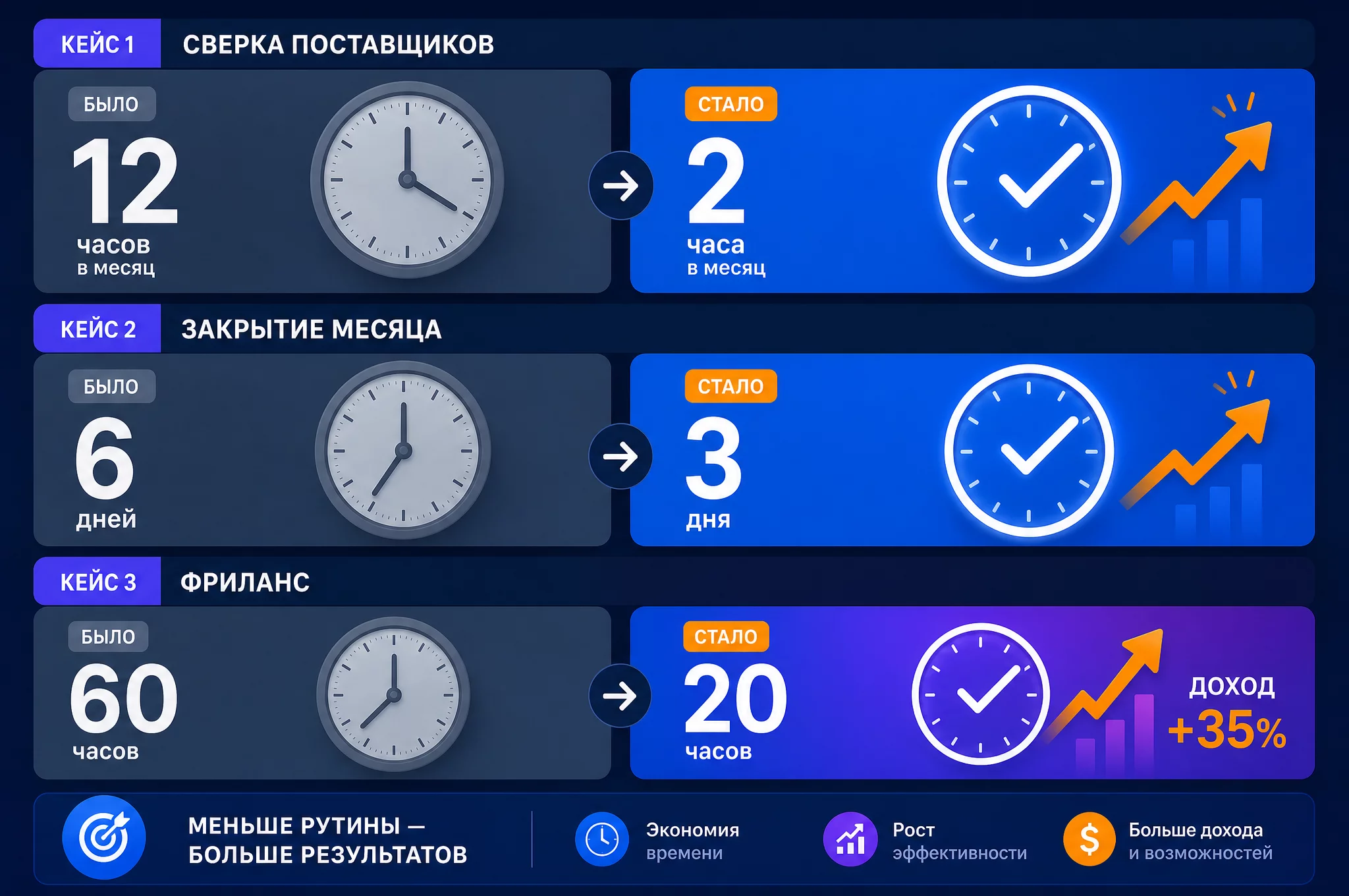 Инфографика с тремя кейсами: было и стало для каждого, сверка с 12 до 2 часов, закрытие месяца с 6 дней до 3, фриланс с 60 до 20 часов, доход вырос на 35 процентов