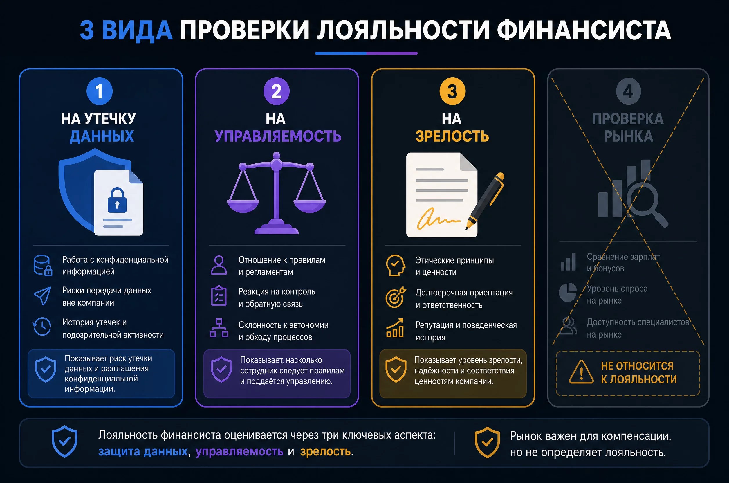 Схема: три вида проверки лояльности финансиста и их отличия от обычного найма