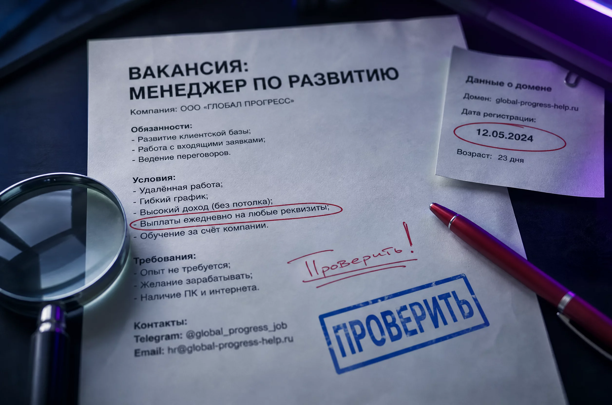 Концептуальный объект, макро без людей: распечатанное объявление о вакансии на тёмном столе, поверх лупа и красная ручка, обводящие подозрительные строки, на полях штамп «проверить» и выписка с датой регистрации домена; холодная тёмная палитра с брендовым синим #2563EB и фиолетовым #7C3AED, дымка и боке, фотореалистичный крупный план, без офиса с Москва-Сити в окне