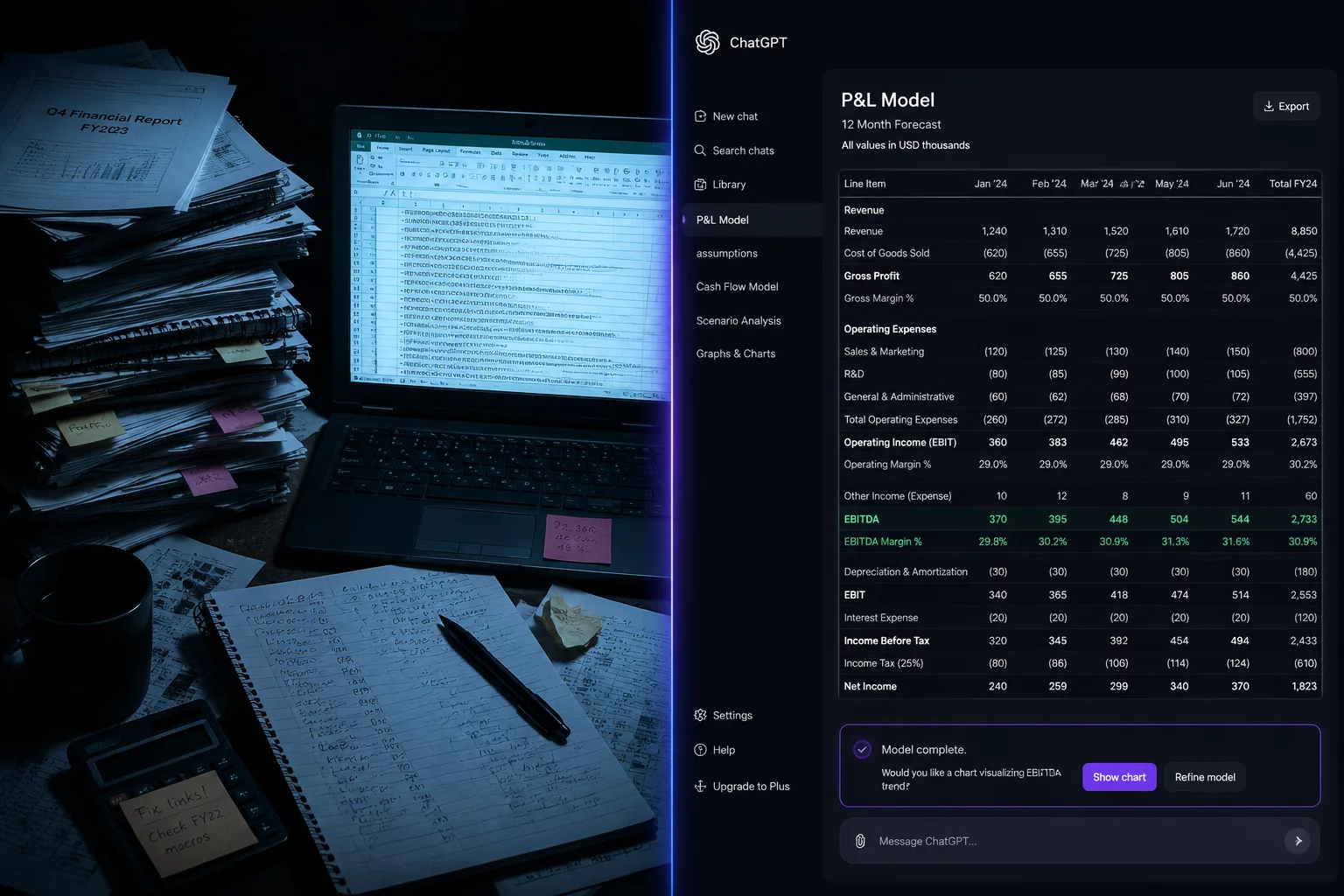 Split-screen: слева стопки бумажных отчётов и экран с Excel-формулами, справа чистый интерфейс ChatGPT с готовой финансовой моделью на тёмном фоне