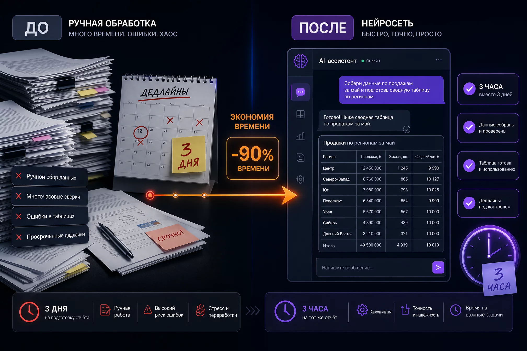 Split-screen инфографика до и после без людей: слева стопки бумаг, календарь с дедлайнами и красные пометки, справа чистый интерфейс чата нейросети с готовой таблицей и галочками, между ними таймлайн «было 3 дня, стало 3 часа», тёмный фон, синие и фиолетовые акценты