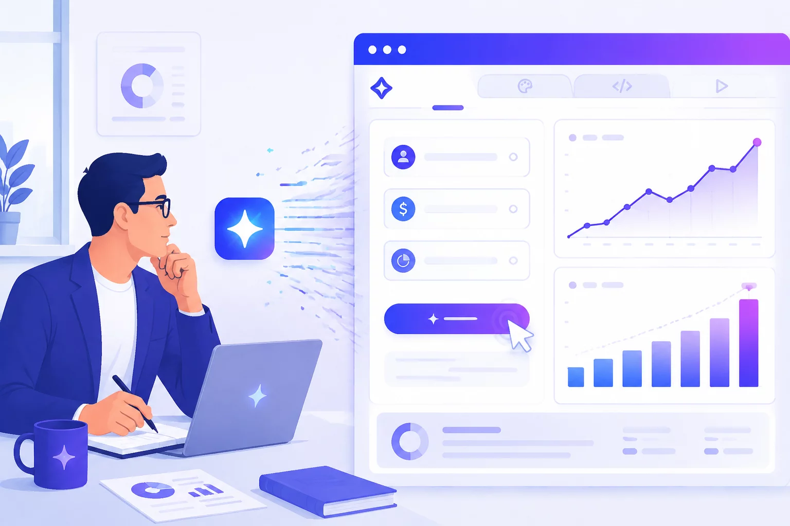 Финансист открывает Canvas в Gemini, на экране интерактивный калькулятор юнит-экономики с графиками