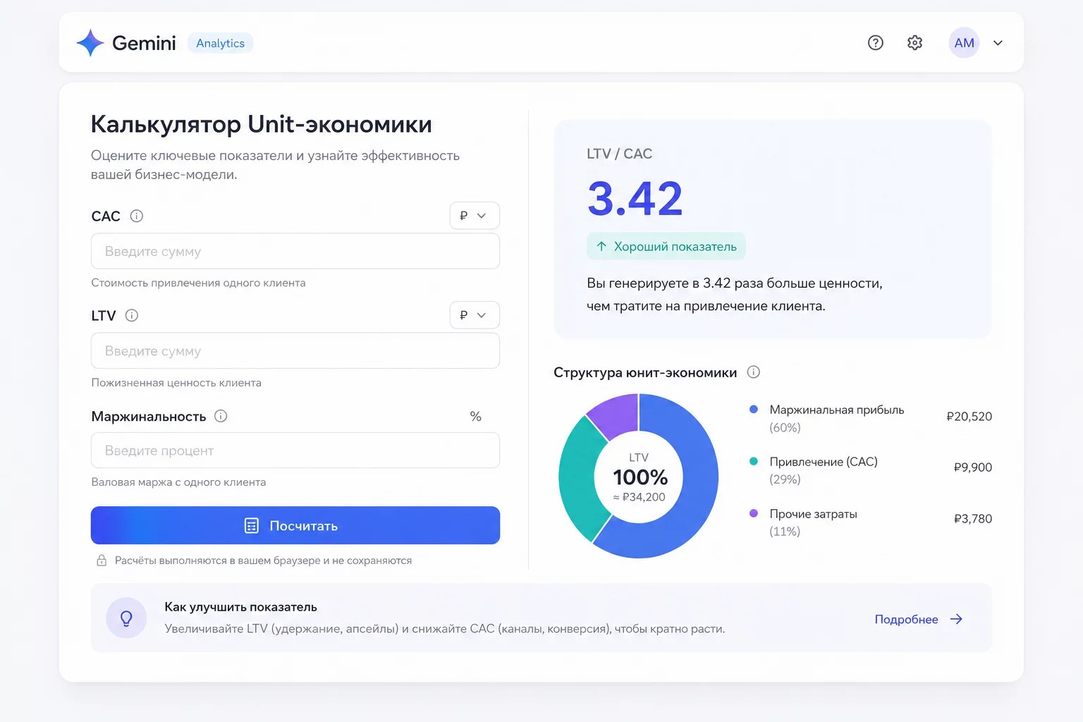 Скриншот калькулятора юнит-экономики: поля CAC, LTV, маржинальность, кнопка посчитать, результат и комментарий