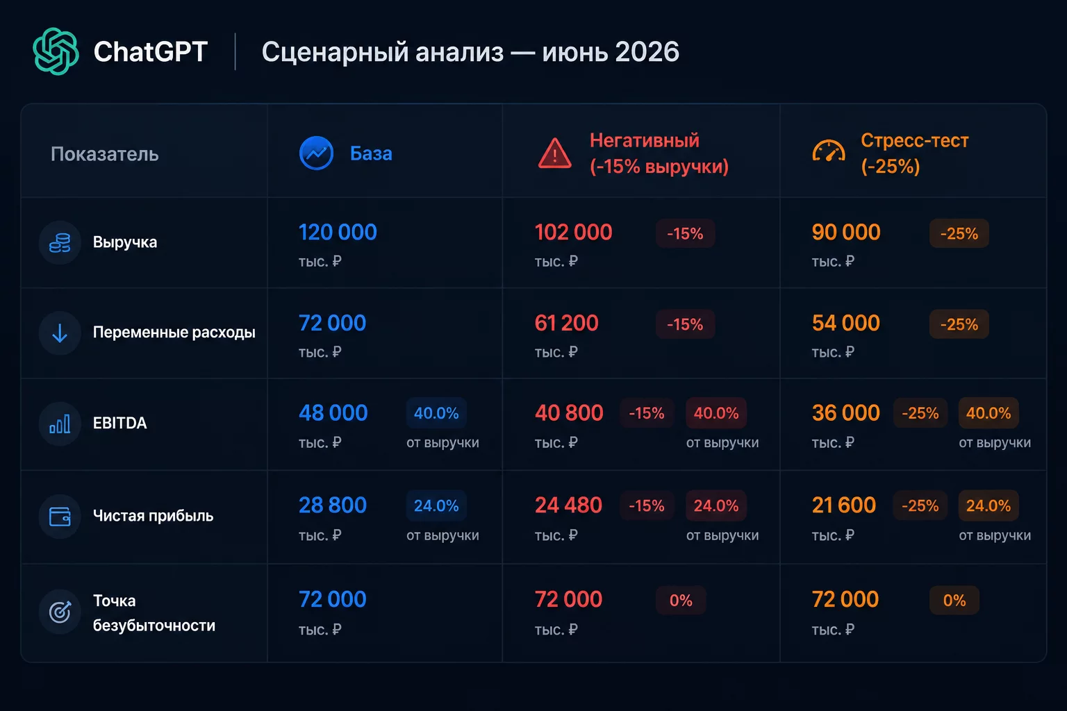 Сравнительная таблица трёх сценариев бюджета, рассчитанная ChatGPT: база, негативный и стресс-тест с отклонениями и точкой безубыточности