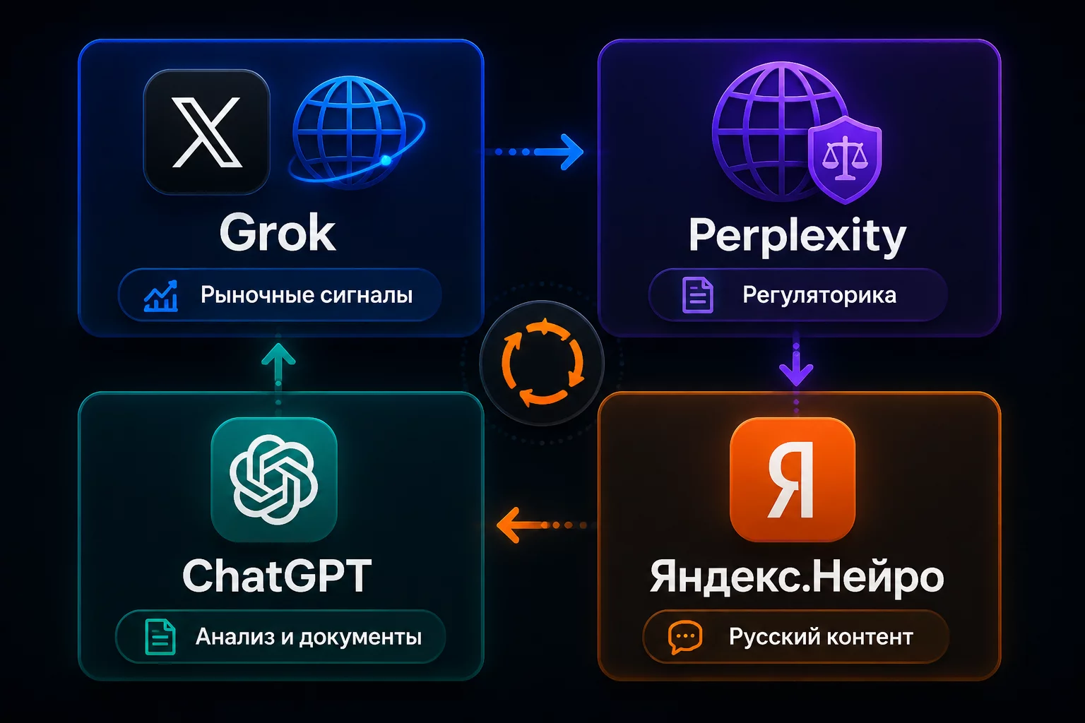 Инфографика: задачи финансиста распределены по зонам ответственности Grok, Perplexity, ChatGPT и Яндекс.Нейро, синий и фиолетовый цвета бренда