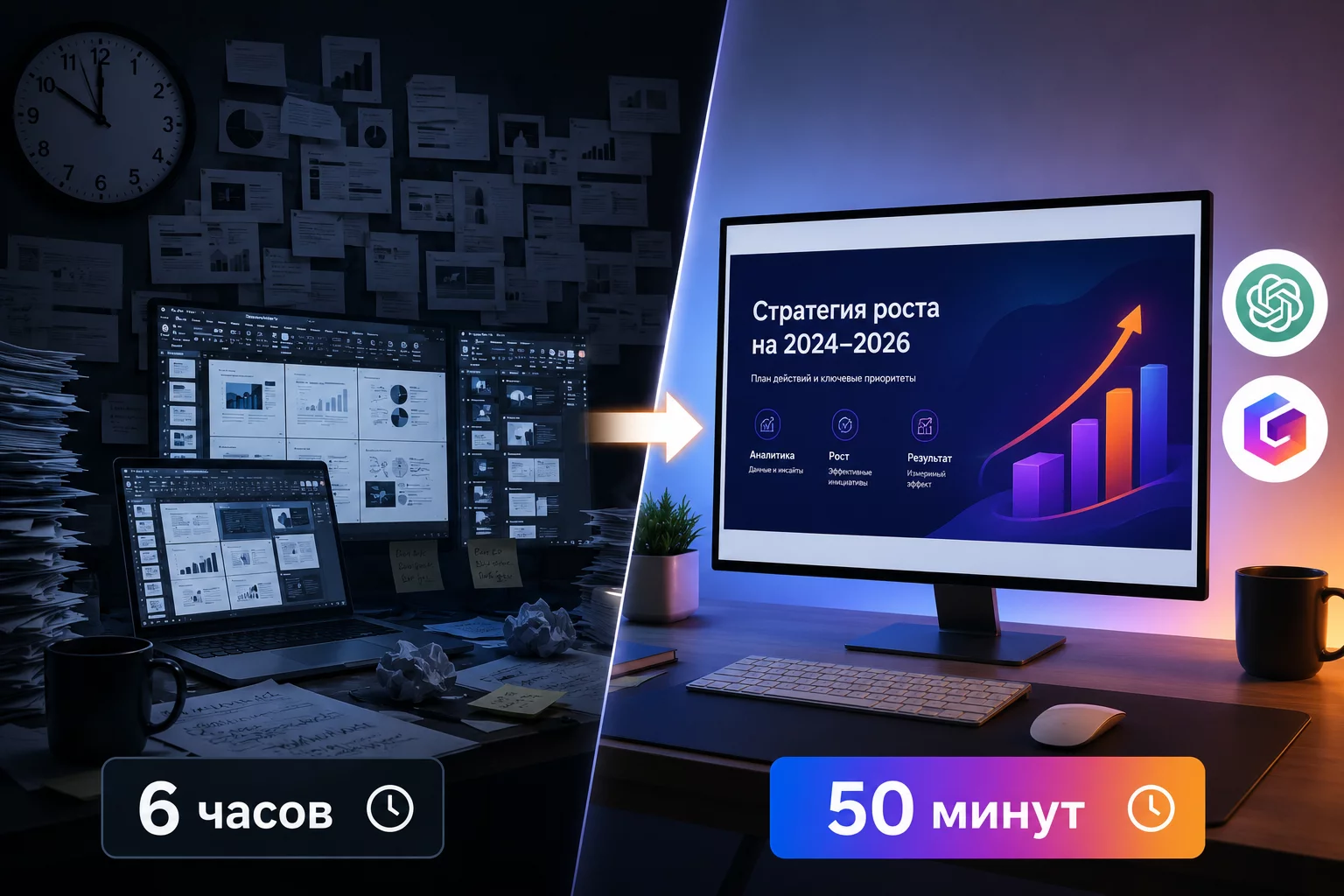 Сравнение до и после: слева усталый вечер с горой слайдов в PowerPoint за 6 часов, справа готовая презентация собственнику за 50 минут через ChatGPT и Gamma