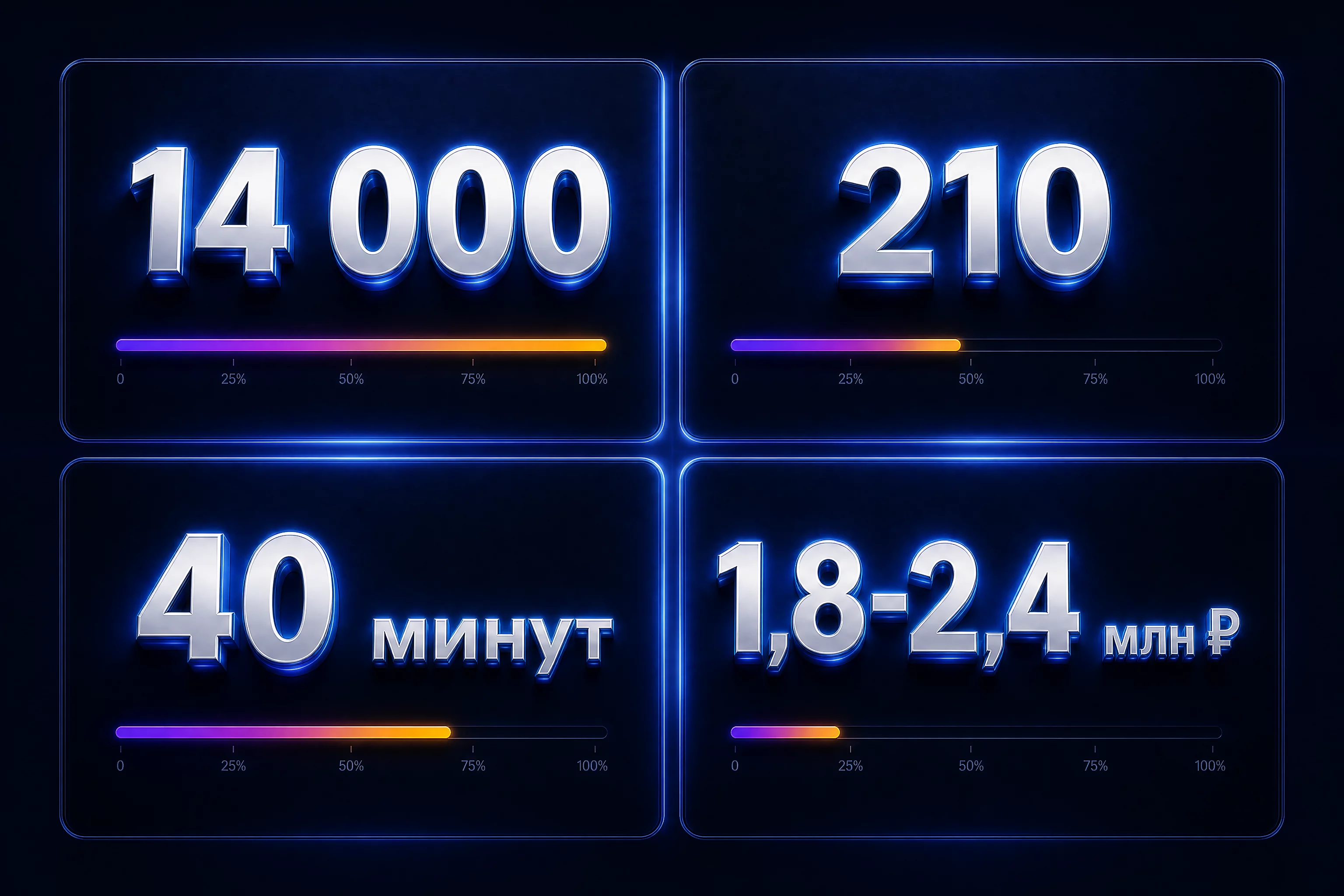 Концептуальная инфографика без людей: четыре панели с цифрами 1,1 миллиона рублей, 480 тысяч рублей, 40 минут и 1,9 миллиона рублей, тёмный фон, синий #2563EB, фиолетовый #7C3AED, оранжевые цифры, стиль продуктовой презентации