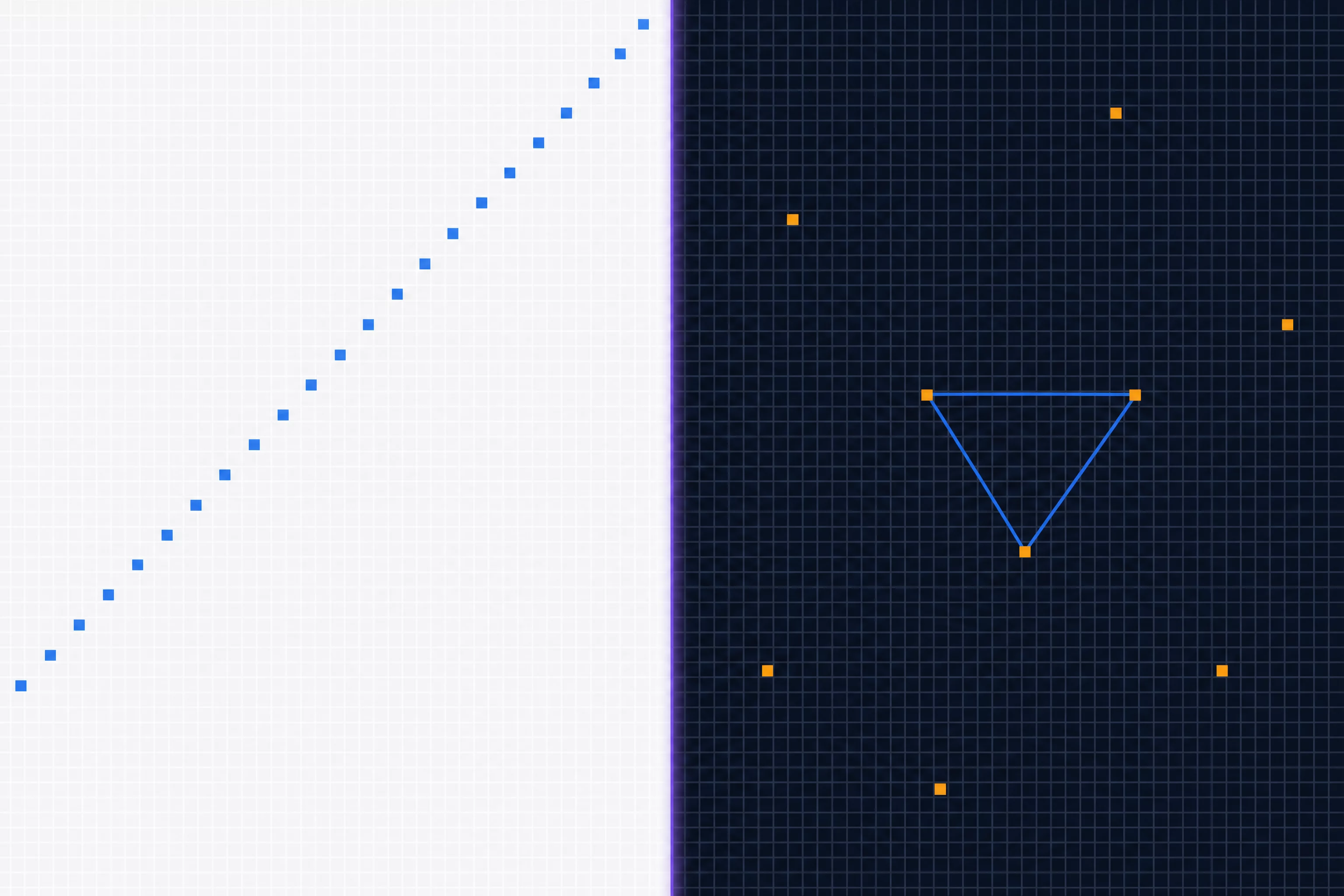 Split-screen инфографика без людей: слева узкая светлая полоса с тридцатью подсвеченными ячейками из тысячи, подпись выборка по оценке риска, справа весь массив ячеек тёмный с равномерной подсветкой, синий #2563EB и фиолетовый #7C3AED, оранжевые метки отклонений