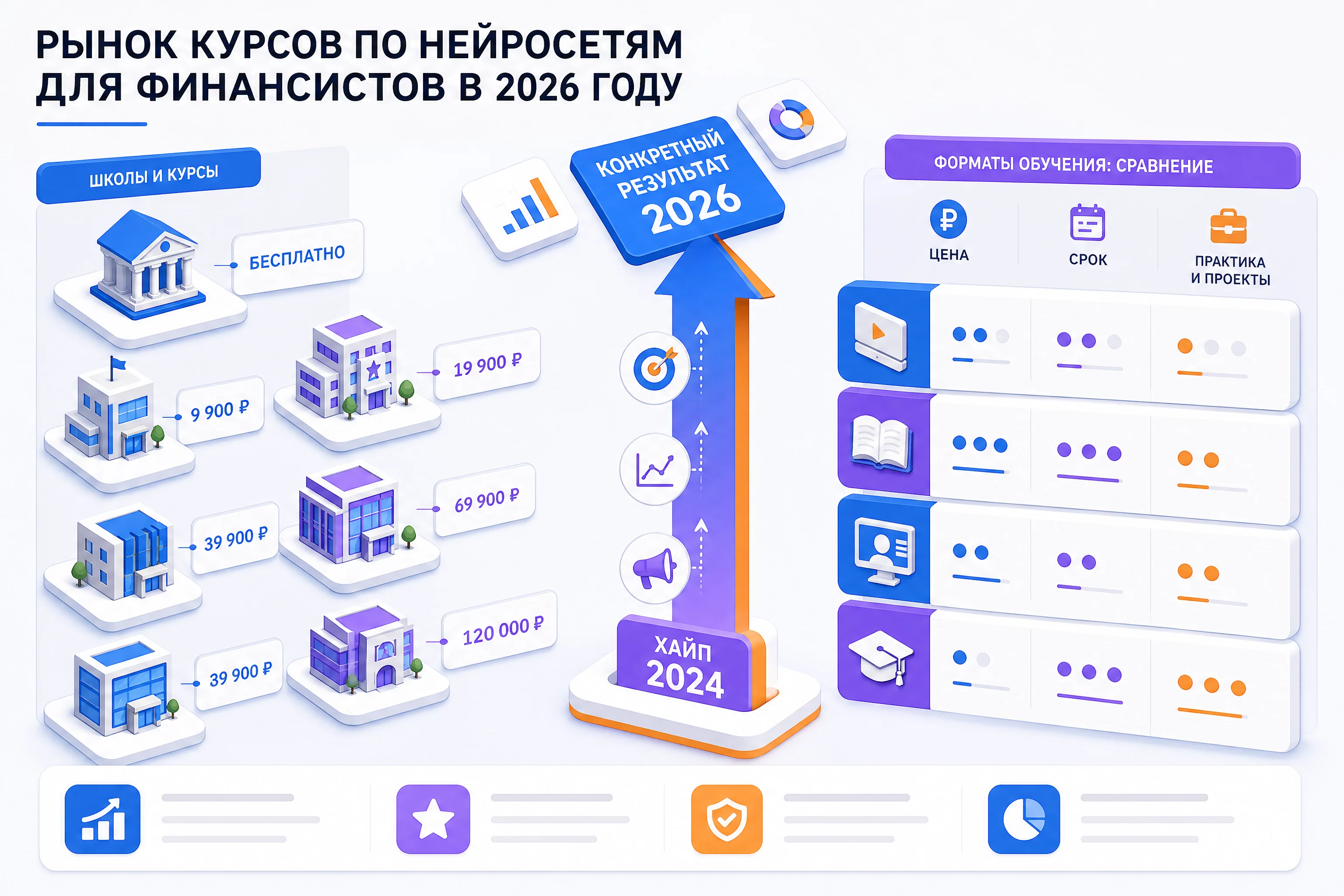 Инфографика рынка курсов по нейросетям для финансистов в 2026 году: сравнение форматов обучения по цене, сроку и объёму практики