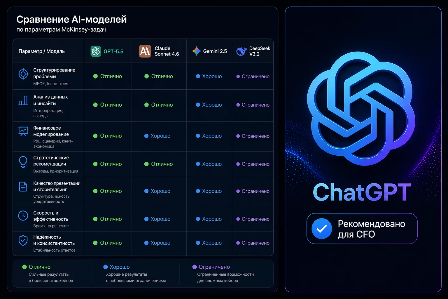 Сравнительная таблица GPT-5.5, Claude Sonnet 4.6, Gemini 2.5 и DeepSeek V3.2 на задачах McKinsey-анализа для CFO