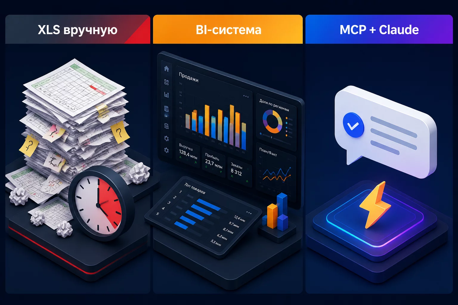 Инфографика сравнения трёх подходов к работе с данными 1С: ручной XLS-экспорт слева, BI-система в центре, MCP плюс Claude справа, с иконками и цветовыми индикаторами плюсов и минусов