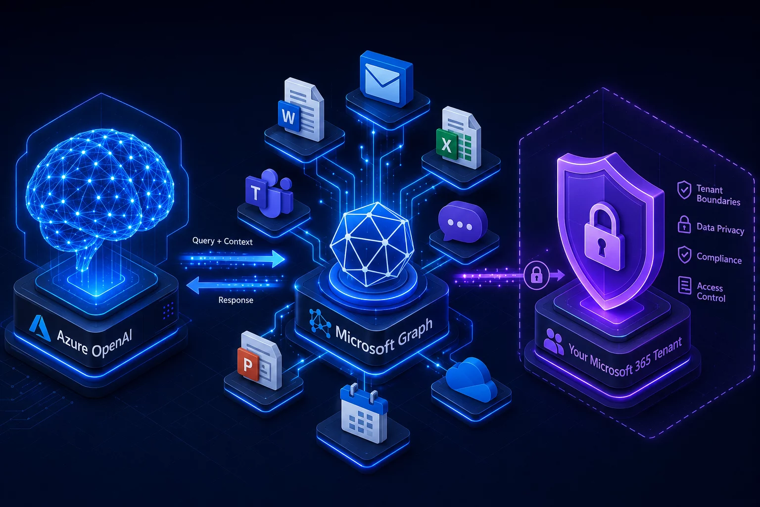 Схема работы Microsoft 365 Copilot: языковая модель Azure OpenAI и Microsoft Graph с данными компании внутри тенанта