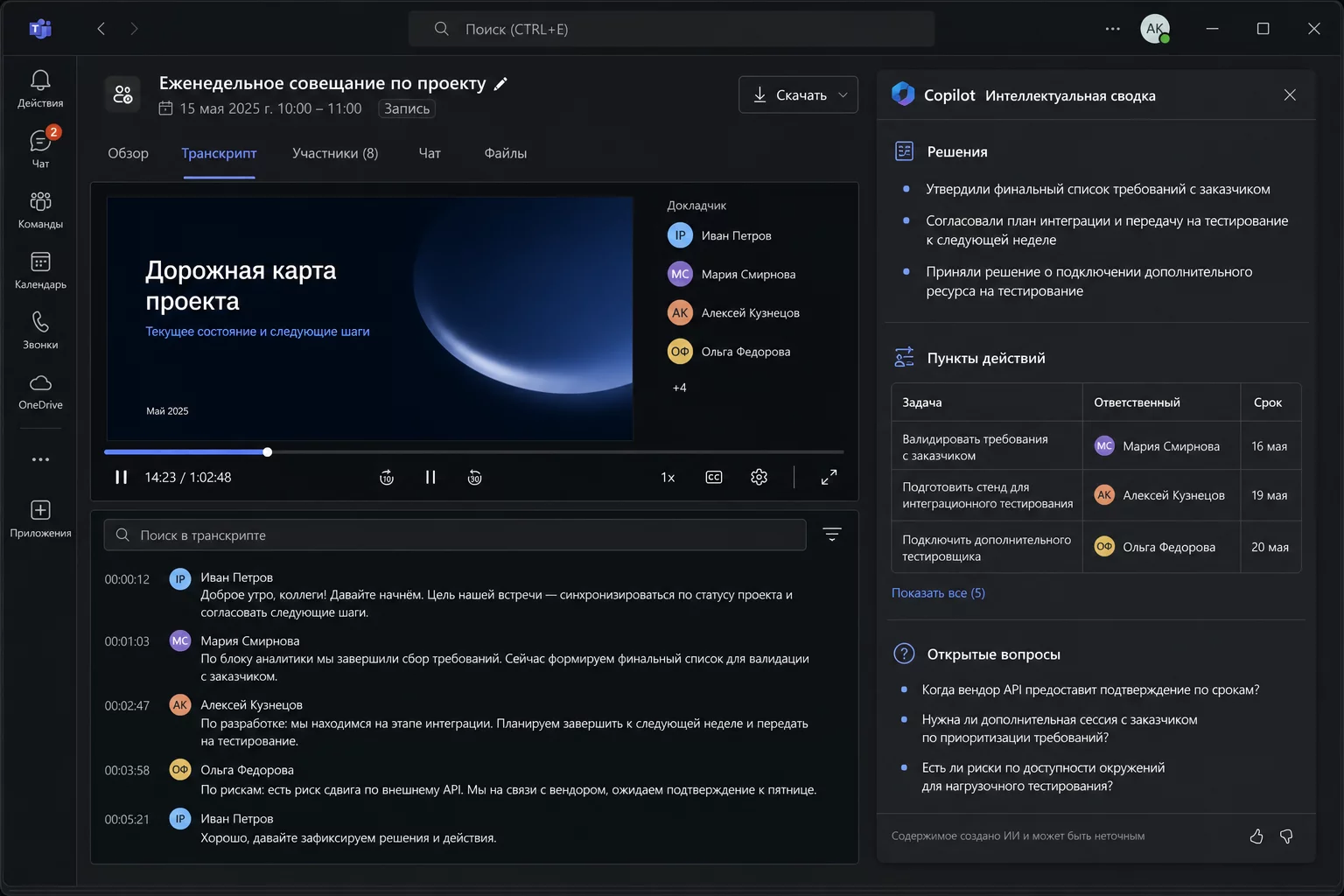 Интерфейс Teams с вкладкой Intelligent Recap: автоматический протокол встречи с решениями, поручениями и именами ответственных