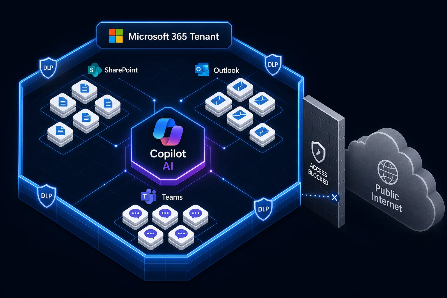 Схема безопасности Microsoft 365 Copilot: тенант компании изолирован, DLP-политики активны, права SharePoint управляют видимостью данных