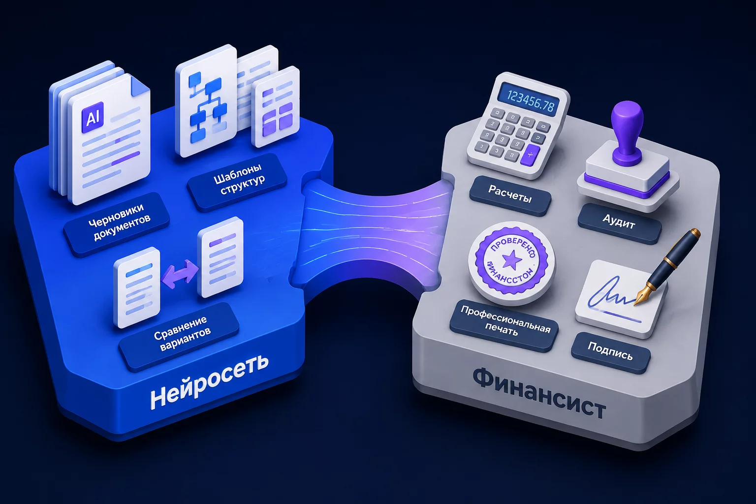 Инфографика: зоны ответственности нейросети и финансиста в МСФО-проекте — что делает AI, что остаётся человеку