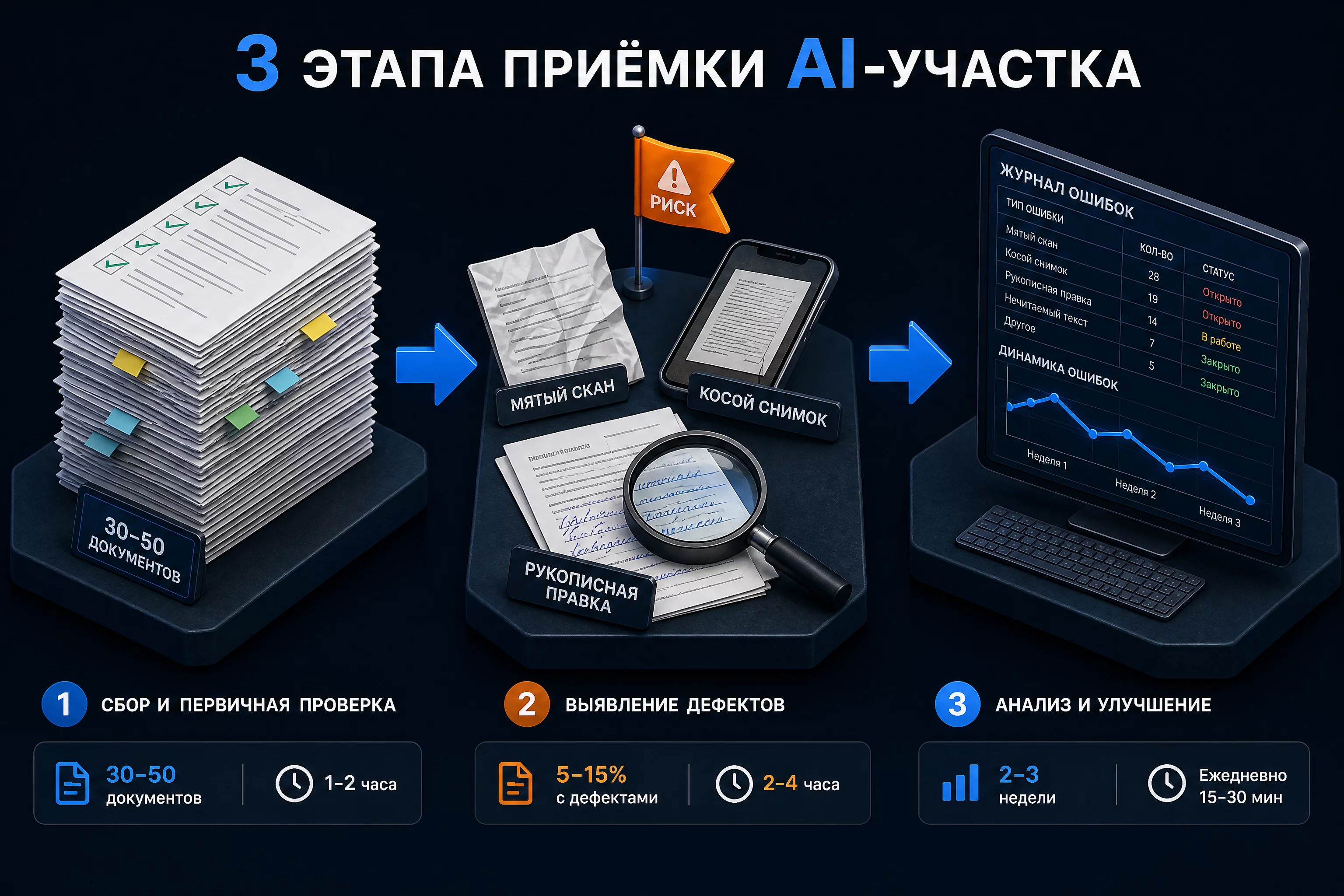 Схема трёх этапов приёмки AI-участка: тест-набор из 30-50 размеченных документов, проверка на плохих сканах и рабочий прогон с журналом ошибок