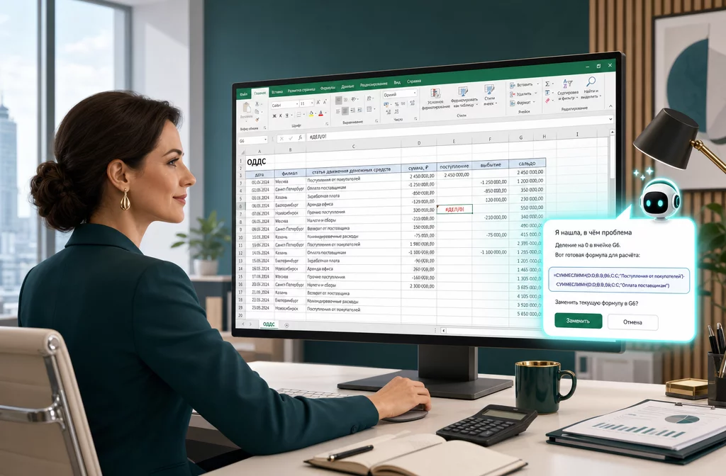 Финансист работает в Excel с надстройкой Claude for Excel: в боковой панели модель объясняет формулу и показывает, из какой ячейки взята цифра