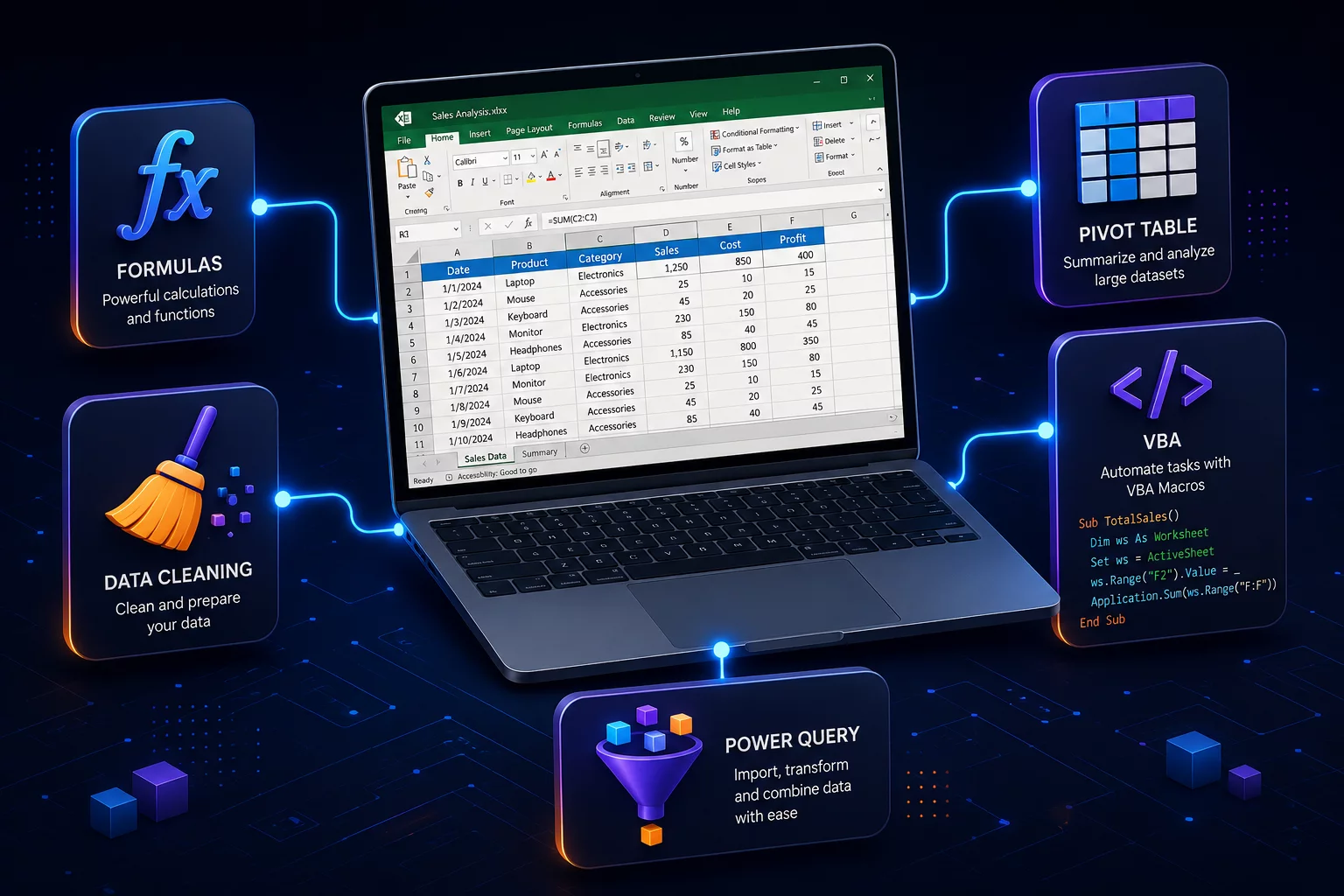 Список задач Excel, которые решает нейросеть: формулы, очистка данных, VBA, сводные таблицы, Power Query