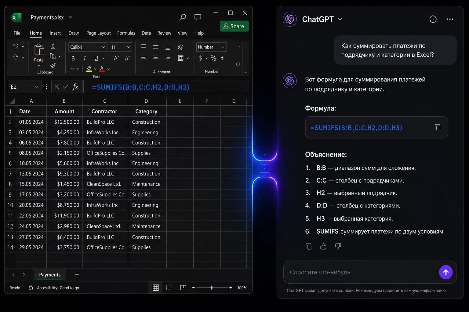UI-макет тёмного рабочего стола: слева панель Excel с таблицей платежей и выделенной формулой СУММЕСЛИМН, справа диалоговое окно ChatGPT с написанной формулой и объяснением, синяя и фиолетовая палитра #2563EB и #7C3AED, без людей, стиль продуктового рендера