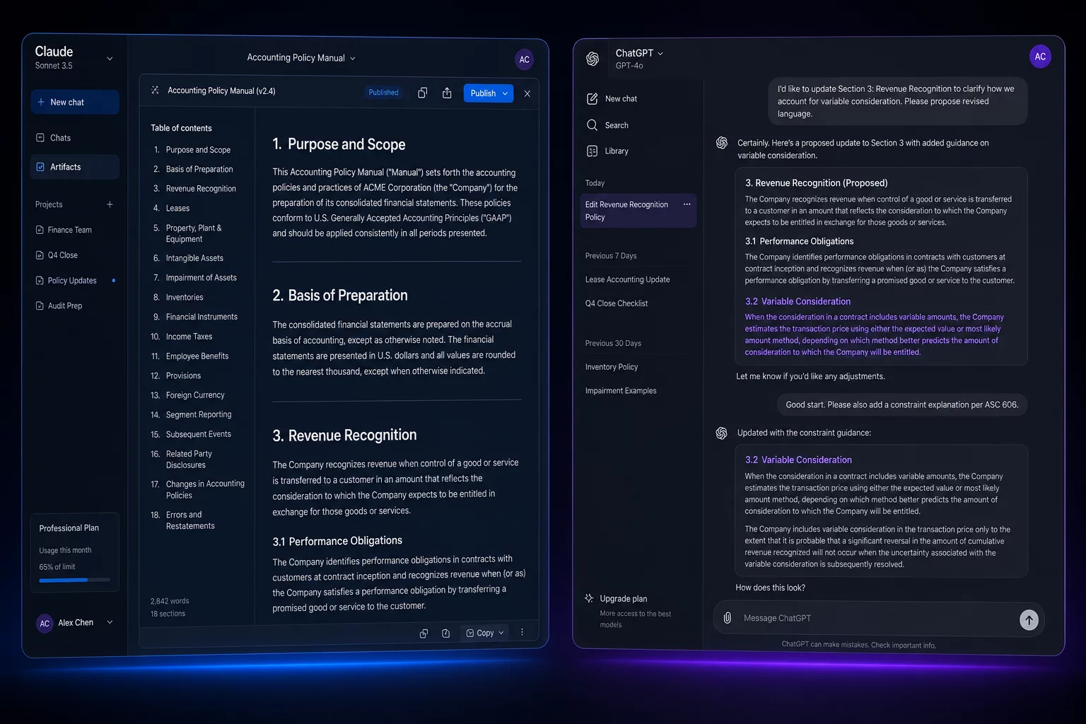 Интерфейс ChatGPT и Claude при работе с документами: ChatGPT в диалоге редактирует раздел учётной политики, Claude открыт в режиме Artifacts с полным документом