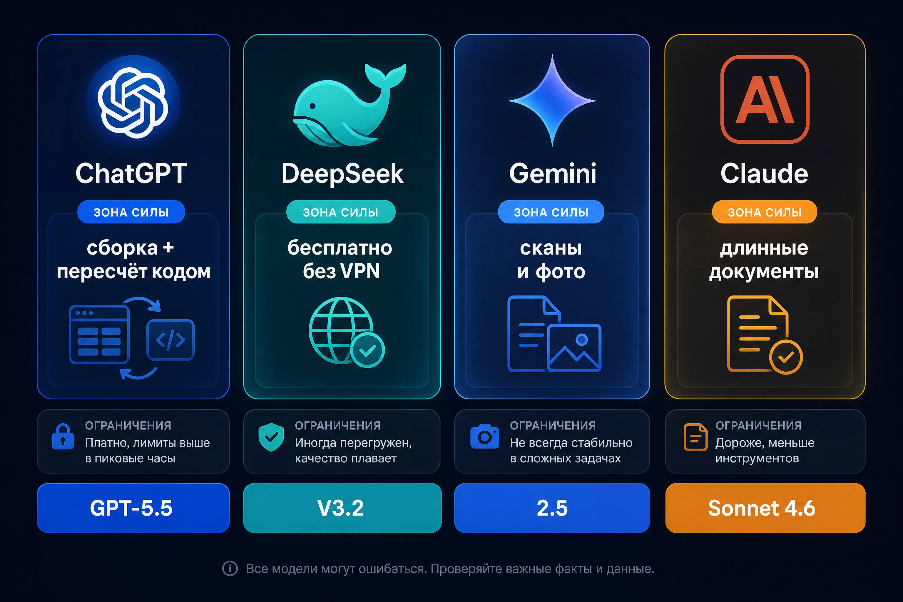Сравнение четырёх нейросетей для сборки таблиц из текста: карточки ChatGPT, DeepSeek, Gemini, Claude с зонами силы и ограничениями, без людей