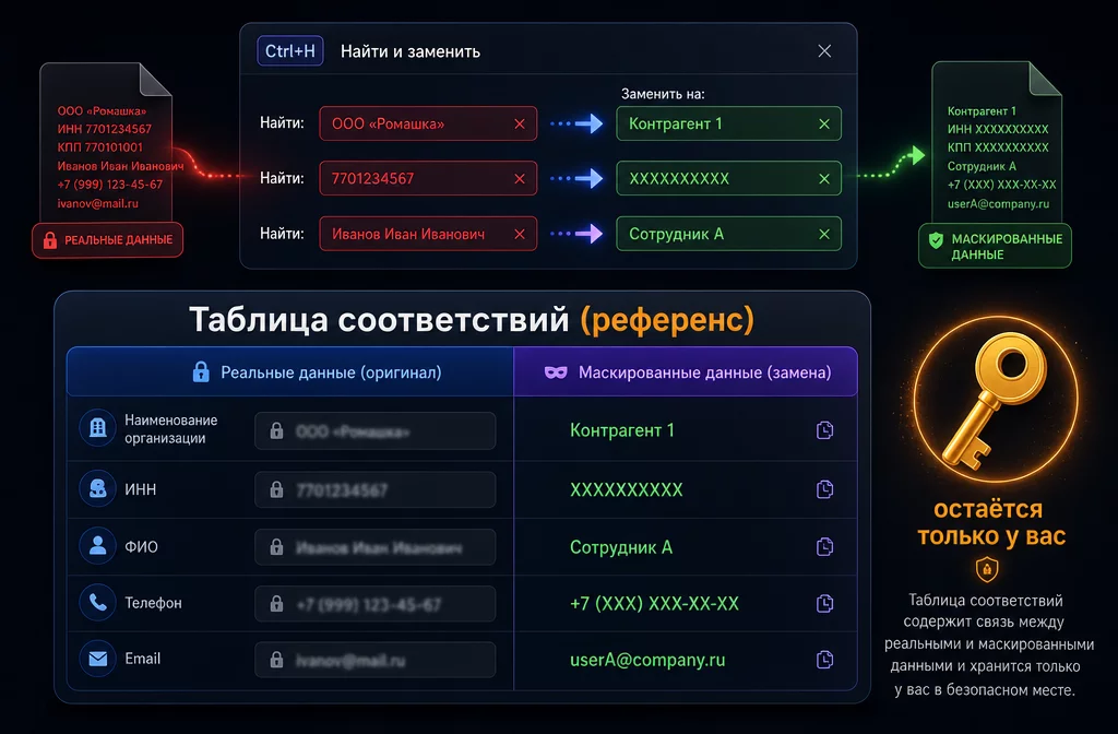 Справочник-мэппинг для обезличивания: таблица реальное название и маска, автозамена Ctrl+H