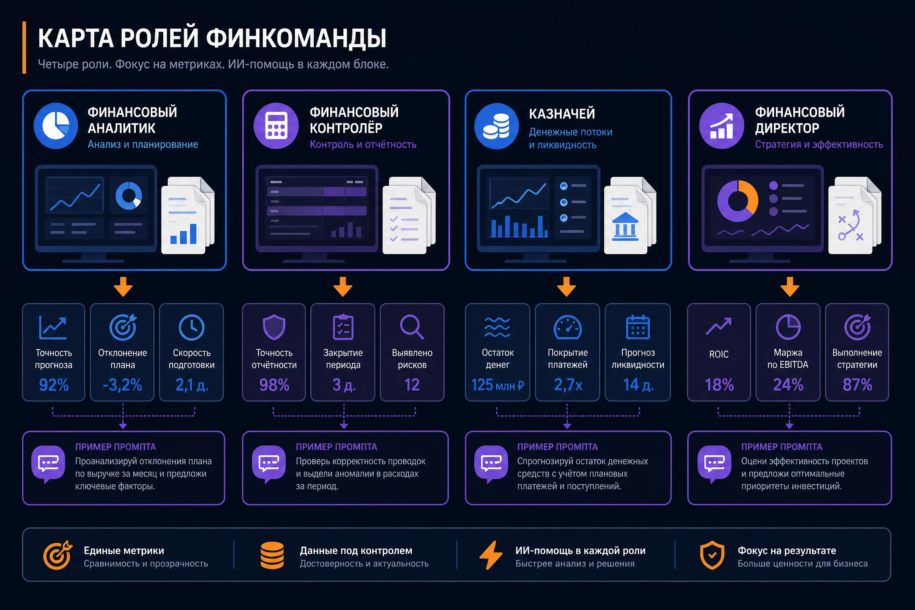 Изометрическая инфографика без людей: карта ролей финансовой команды, четыре блока с иконками экранов и документами, от каждого блока идут стрелки к своим метрикам и наборам промптов, тёмный фон, синий #2563EB, фиолетовый #7C3AED, оранжевые акценты