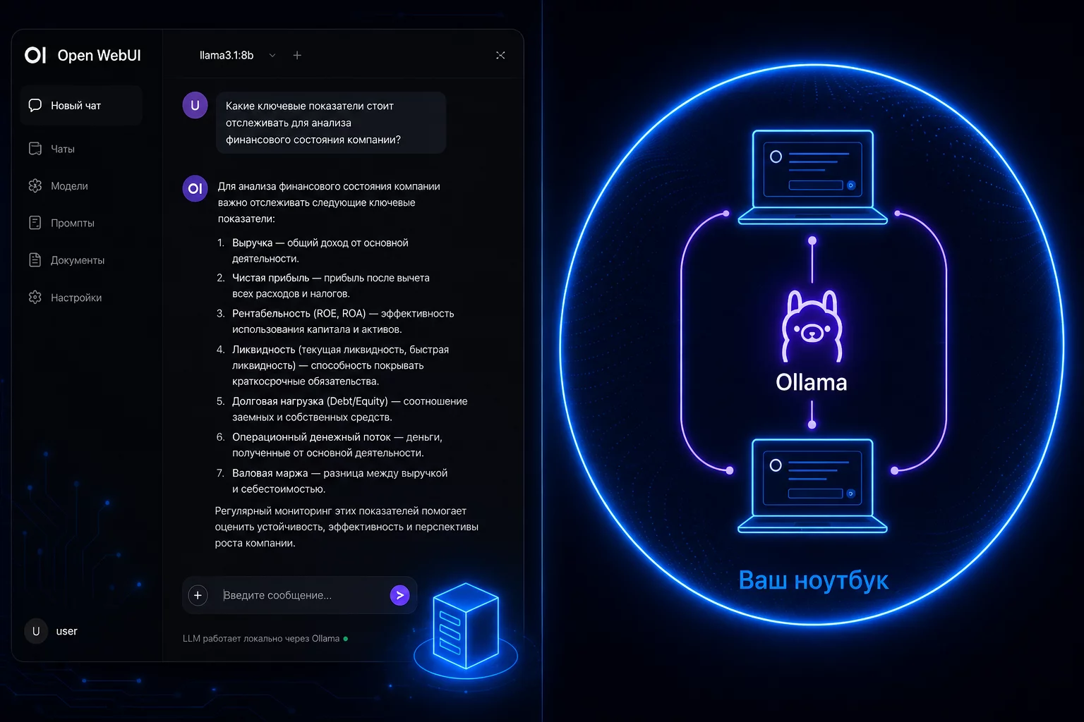 Open WebUI на тёмном фоне: браузерный интерфейс с чатом, боковой панелью истории и настройками системного промпта, работает поверх Ollama