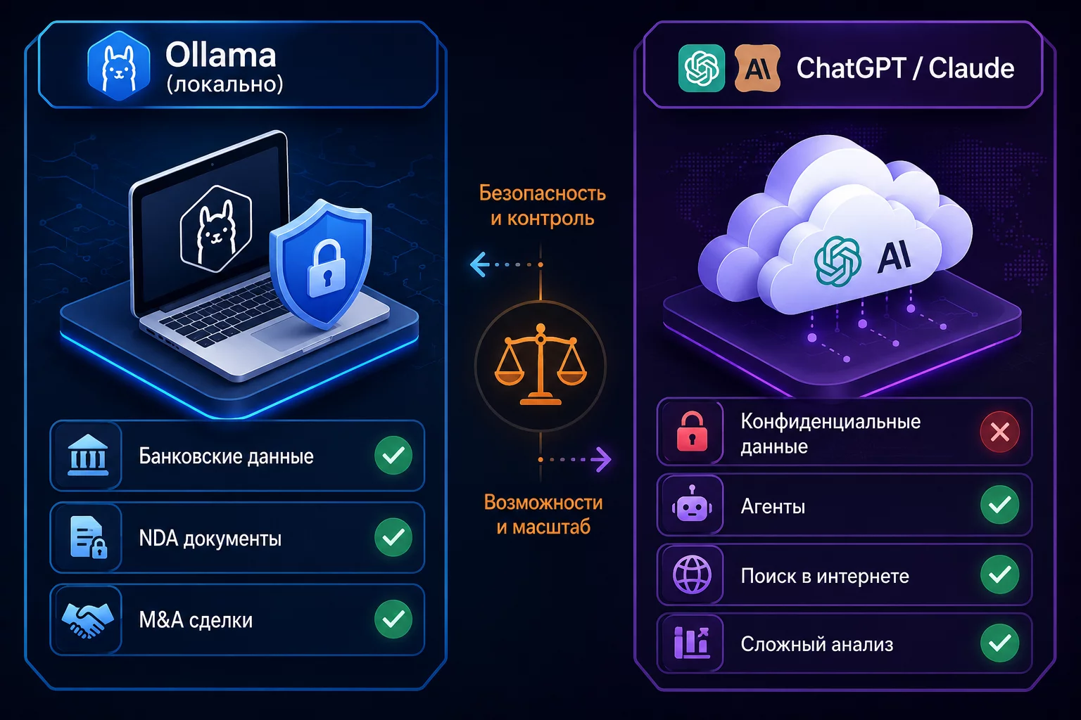Инфографика-сравнение: слева зоны сильной работы Ollama, справа ограничения и задачи, которые остаются за ChatGPT и Claude
