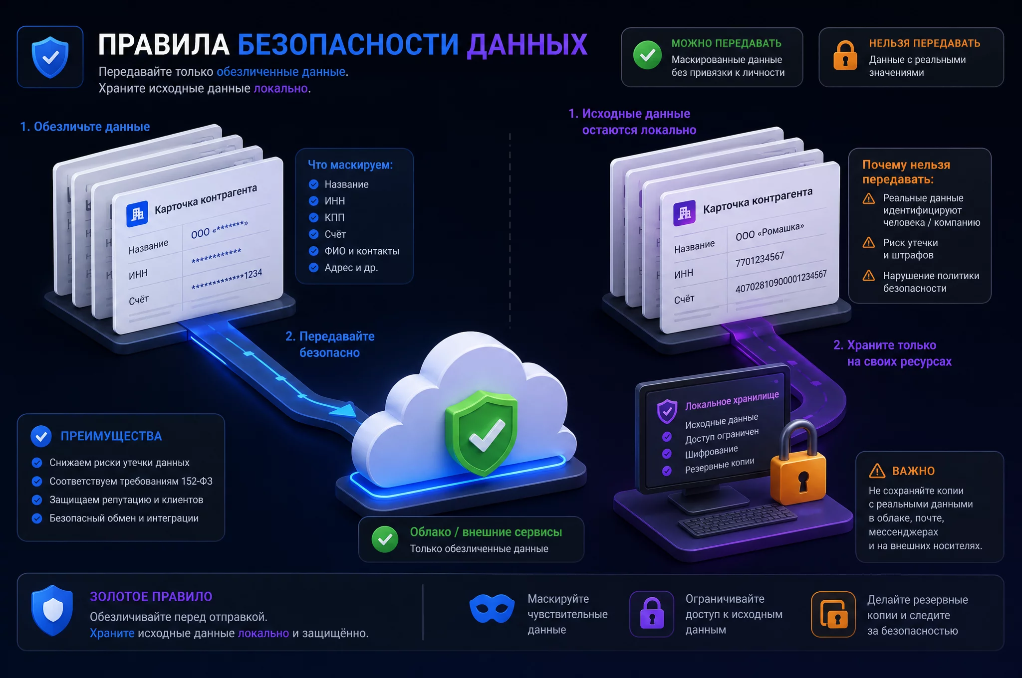 Инфографика правил безопасности: что можно загружать агенту, что нельзя, как маскируются контрагенты и счета