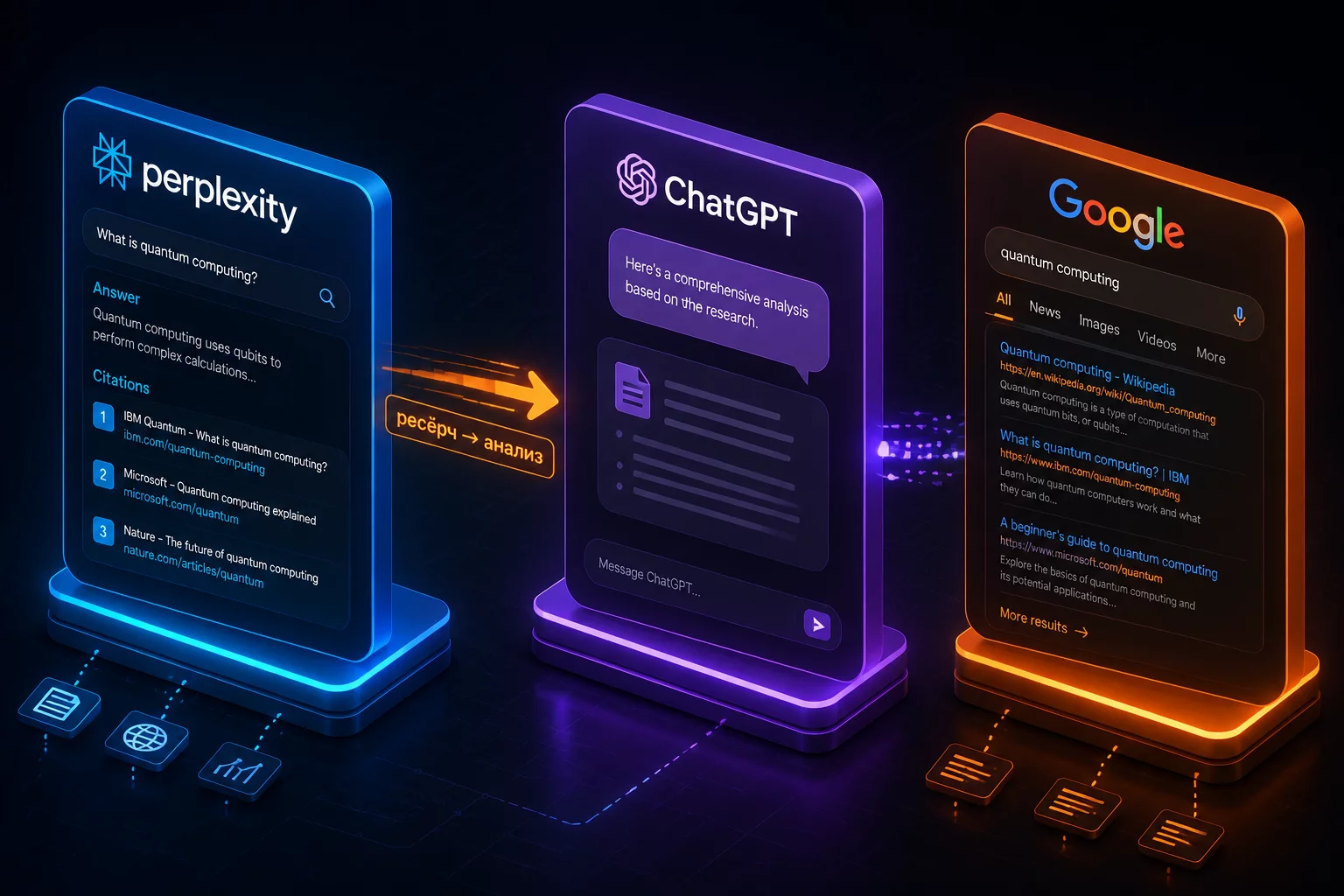 Инфографика: задачи финансиста по зонам ответственности Perplexity, ChatGPT и Google, синий #2563EB и фиолетовый #7C3AED