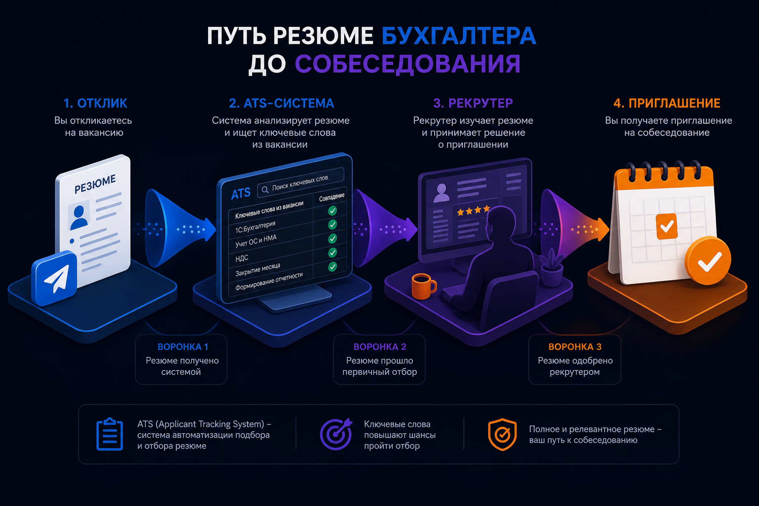 Инфографика пути резюме бухгалтера до собеседования: отклик, программа ATS ищет ключевые слова из вакансии, рекрутер просматривает отобранные резюме, приглашение на собеседование, этапы фильтрации с подписями