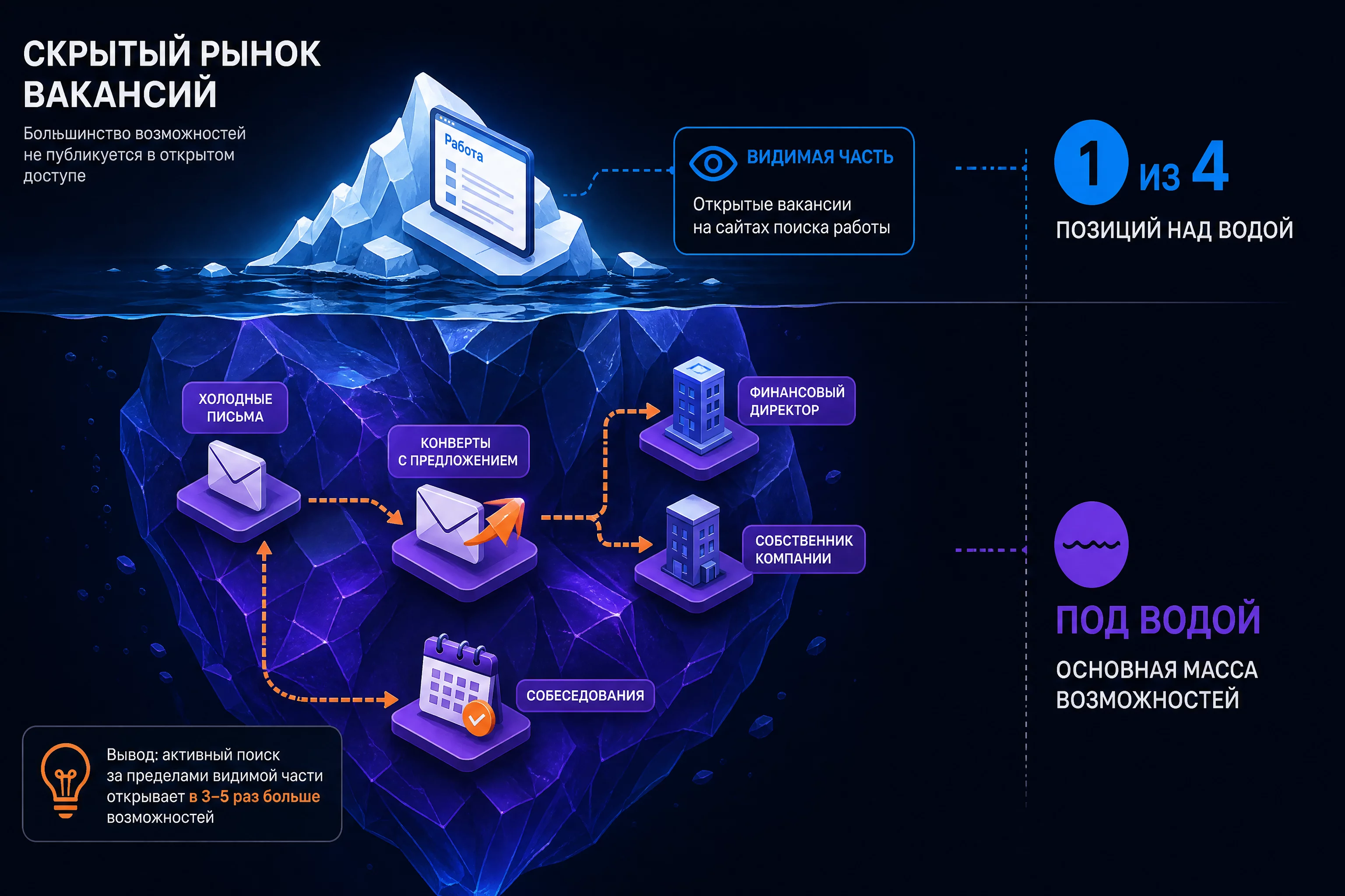 Инфографика скрытого рынка вакансий для бухгалтера: айсберг, над водой открытые вакансии на сайте по поиску работы, под водой холодные письма напрямую финансовому директору и собственнику, стрелка от письма к собеседованию