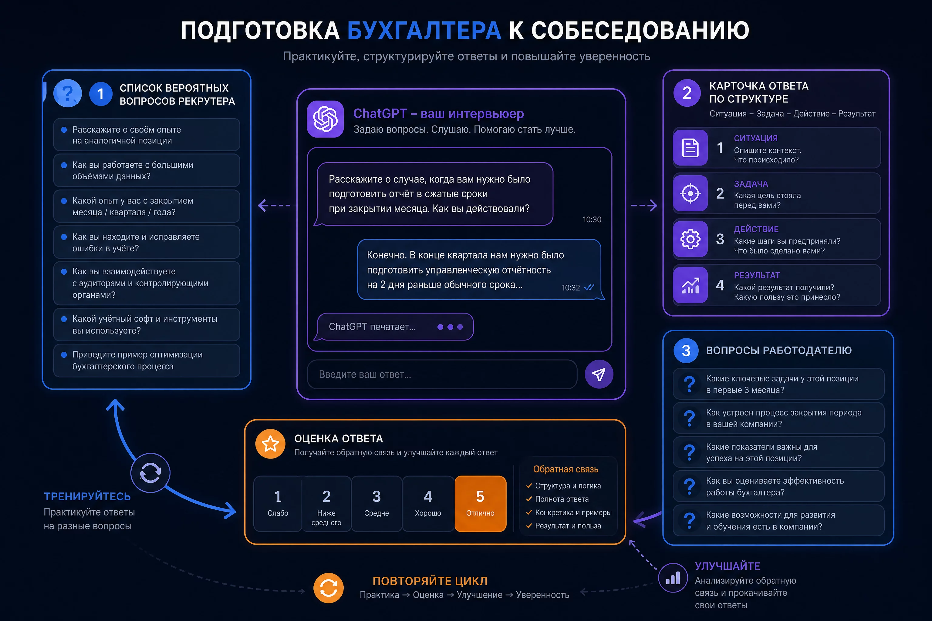 Инфографика подготовки бухгалтера к собеседованию с ChatGPT: список вопросов рекрутера, ответ по структуре ситуация-задача-действие-результат, оценка ответа, три блока подготовки