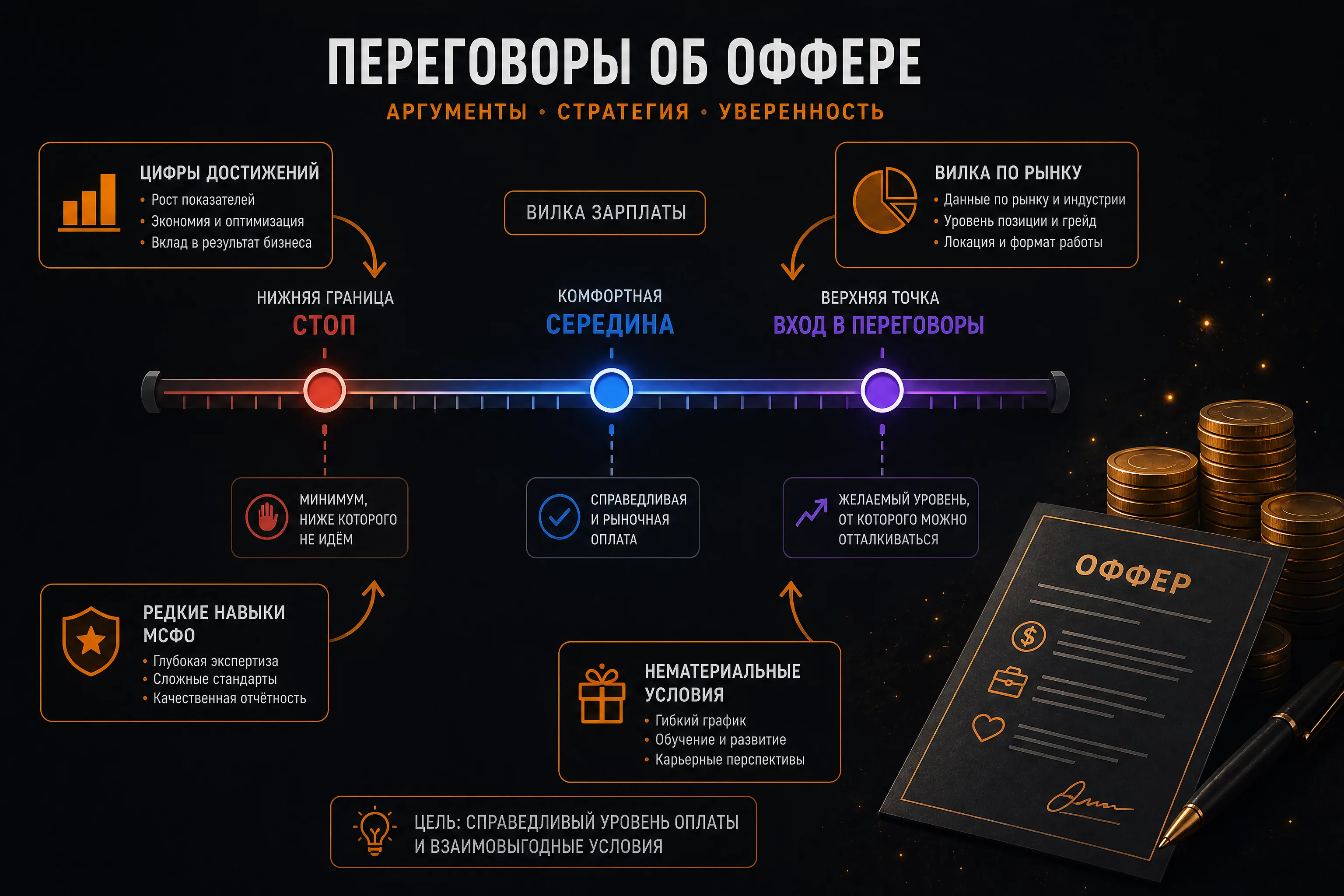 Инфографика переговоров об оффере бухгалтера: вилка зарплаты с нижней границей, серединой и верхней точкой входа в переговоры, стрелки аргументов за пересмотр