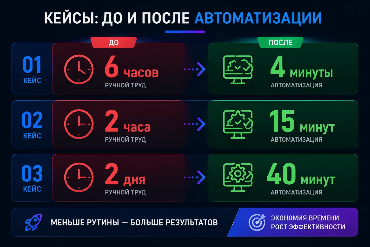 Инфографика трёх кейсов Power Query + ChatGPT: горизонтальные полосы до/после по часам и рублям, тёмный фон, цвета бренда синий и фиолетовый