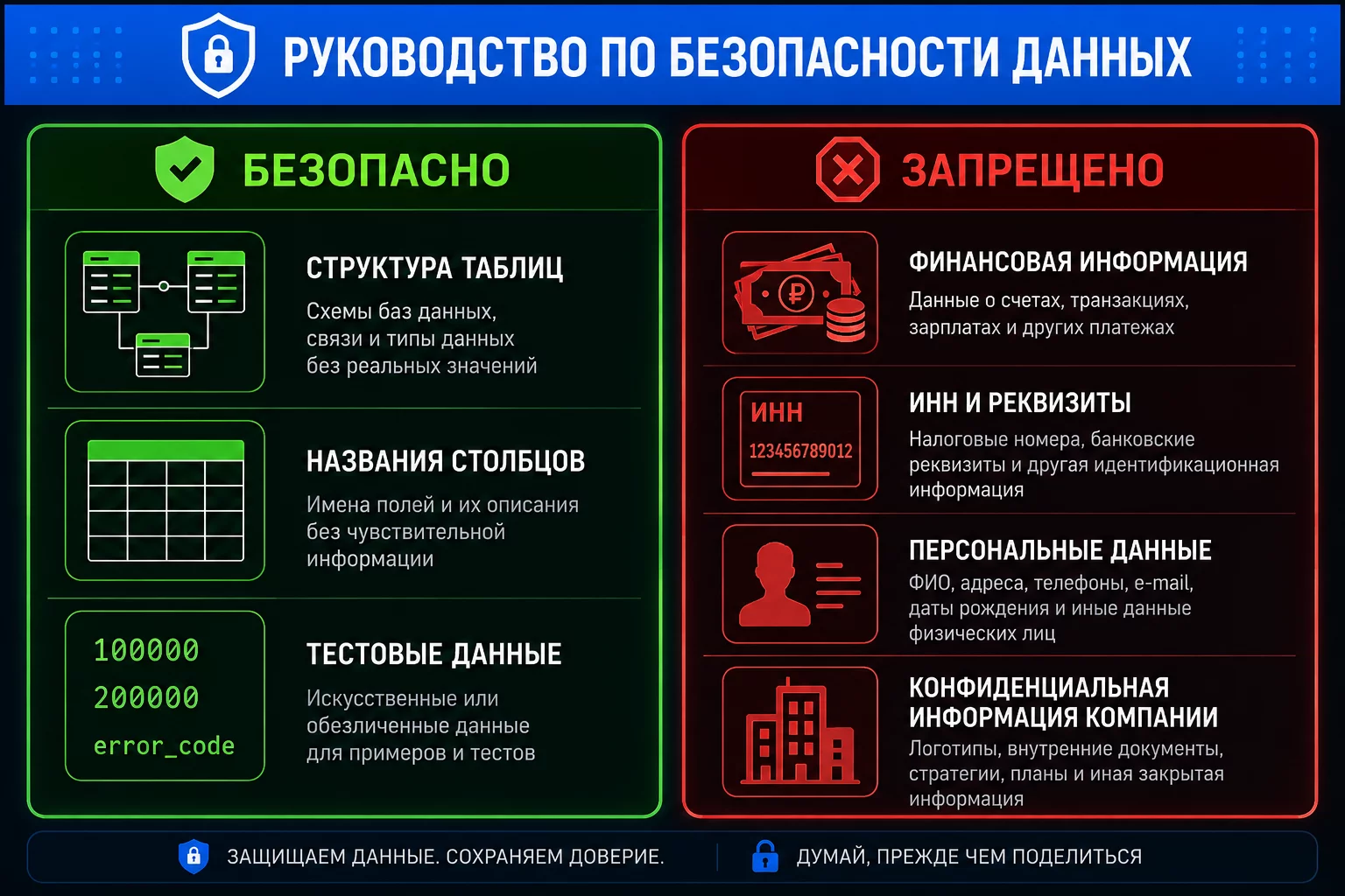 Разделённая инфографика: слева зелёный столбец с иконками безопасных данных для ChatGPT (структура таблицы, типы колонок, тестовые примеры), справа красный столбец с запрещёнными данными (суммы, ИНН, персданные)