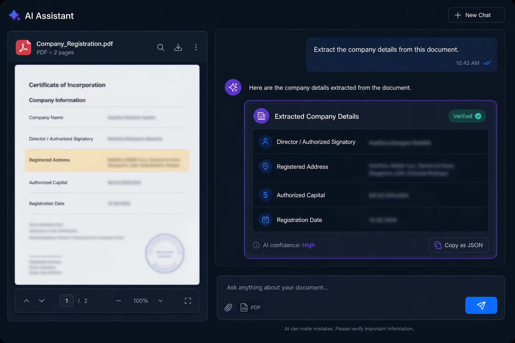 UI-mockup диалога с ChatGPT: слева загруженная выписка ЕГРЮЛ в PDF, справа структурированный ответ модели с выделенными полями директор, адрес, капитал, дата регистрации, тёмная тема