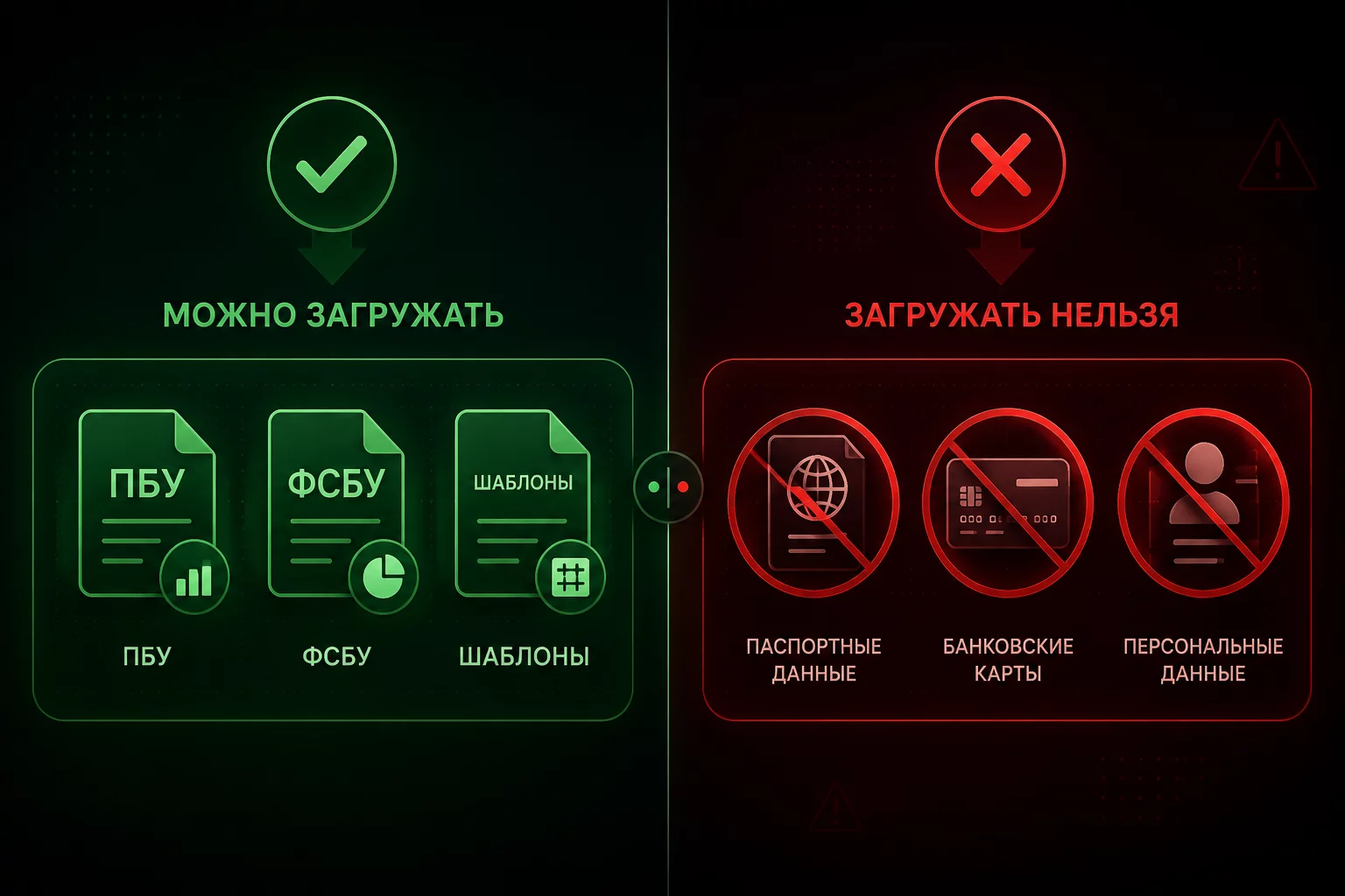 Инфографика безопасности базы знаний: зелёный раздел - что грузим (ПБУ, ФСБУ, обезличенные шаблоны), красный раздел - что нельзя (ИНН физлиц, паспорта, банковские выписки)
