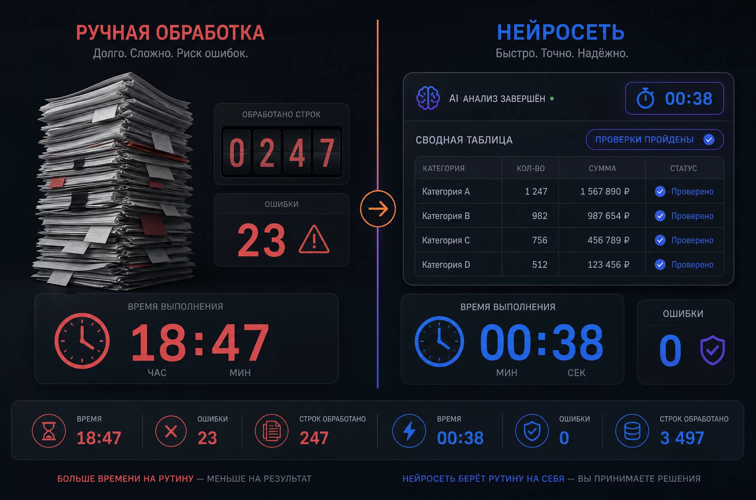Сравнительная инфографика без людей: две колонки, слева ручная обработка документов с часами и стопками бумаг, справа интерфейс нейросети с готовой сводкой, тёмный фон, синий #2563EB и оранжевые акценты, плоский продуктовый стиль