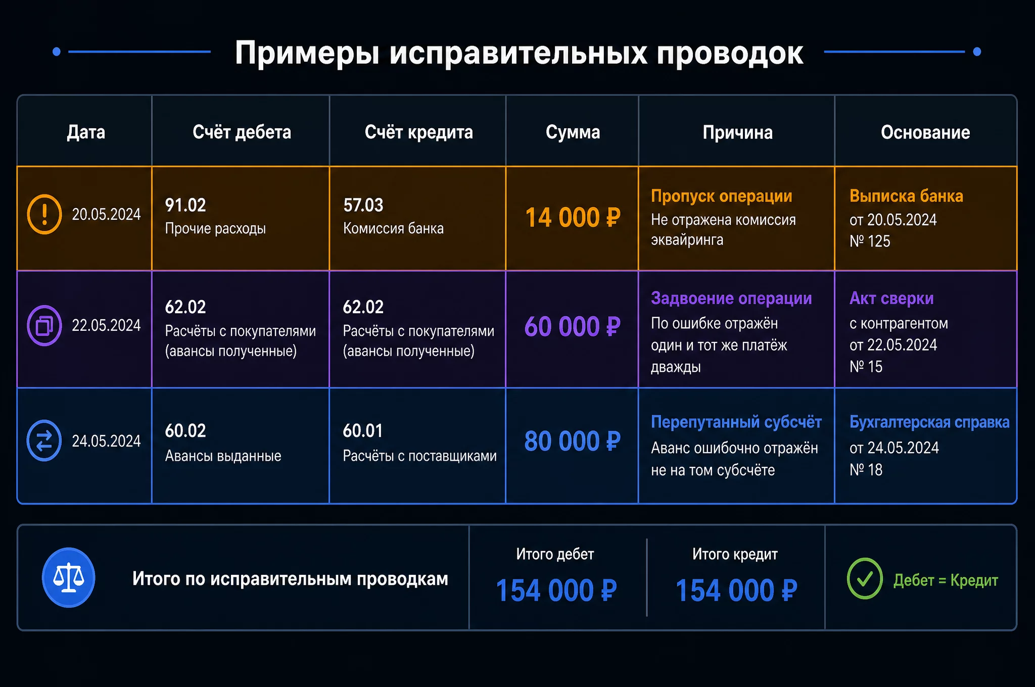 Таблица исправительных проводок: три строки с дебетом, кредитом, суммой и причиной, контрольная строка с равными итогами 154 000 рублей