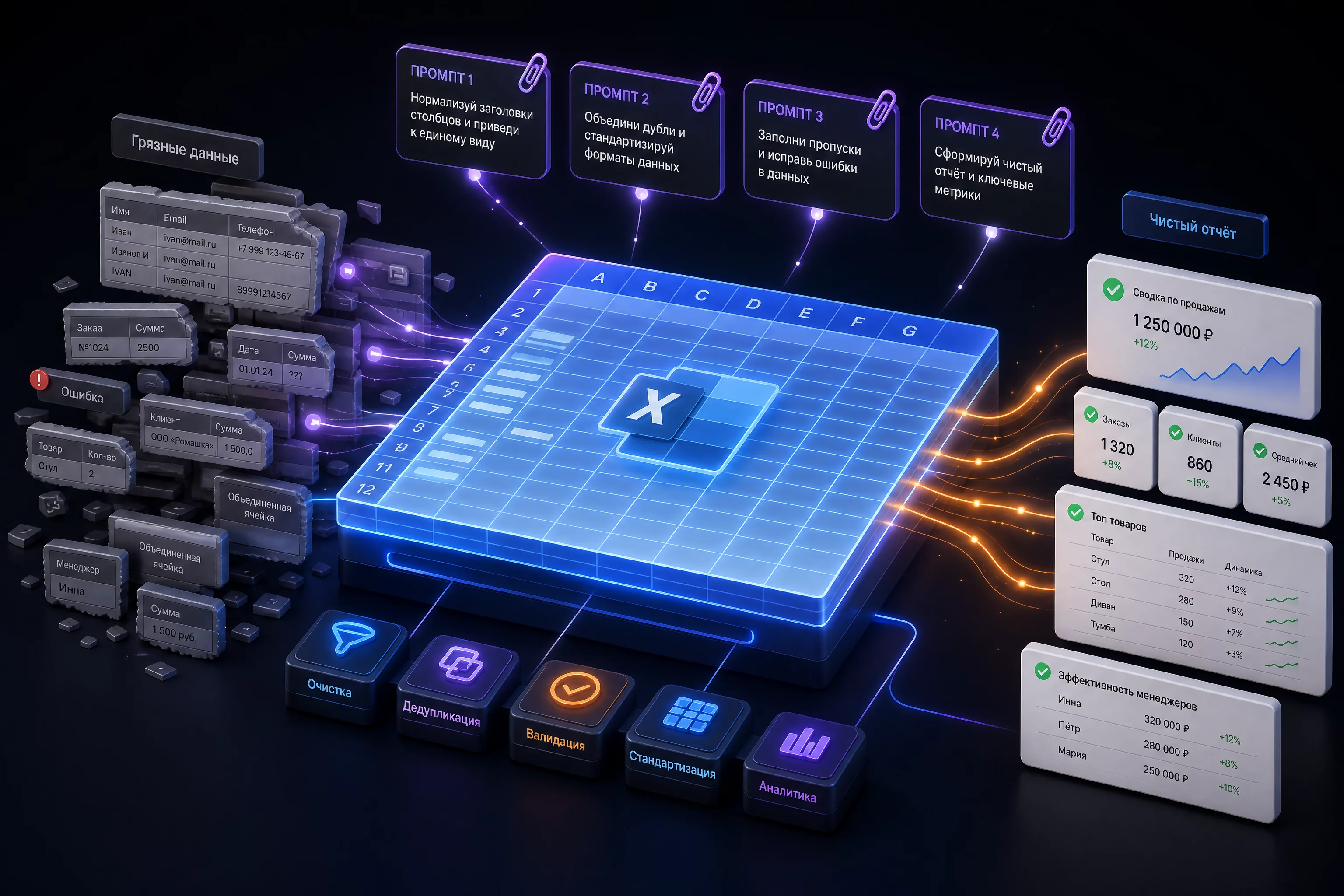 Изометрическая 3D-иллюстрация без людей: лист Excel разложен как светящаяся плоскость-сетка, над ним парят карточки с промптами, слева в таблицу входит поток грязных данных серыми блоками, справа выходит чистый аккуратный отчёт, палитра бренда синий #2563EB, фиолетовый #7C3AED, оранжевые акценты, современный продуктовый рендер, без Москва-Сити
