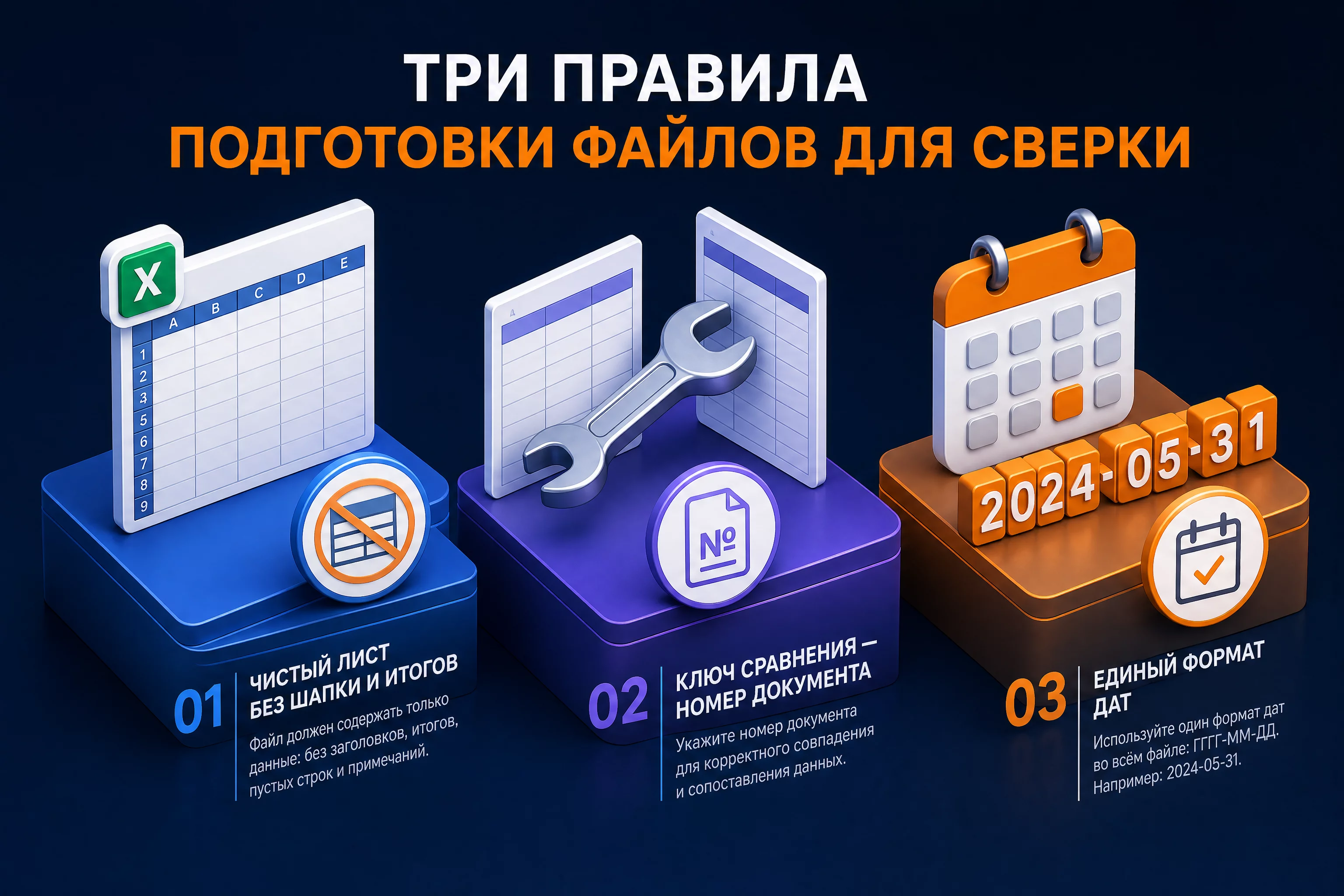 Инфографика: три правила подготовки файлов для сверки в ChatGPT, чистый формат, ключ сравнения, единый формат дат и чисел