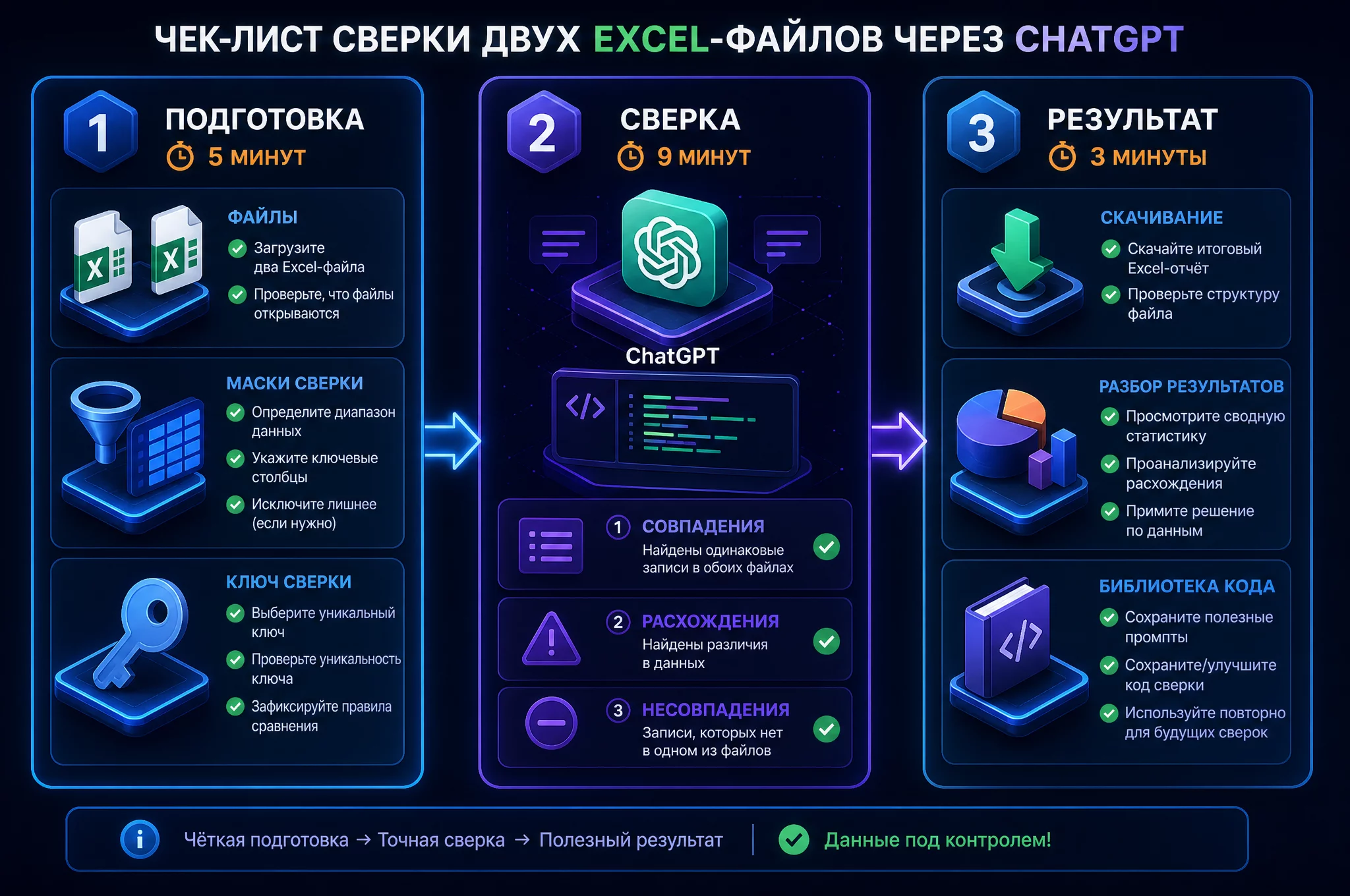 Визуальный чек-лист сверки двух Excel-файлов с ChatGPT: три этапа, подготовка 5 минут, сверка 9 минут, работа с результатом 3 минуты