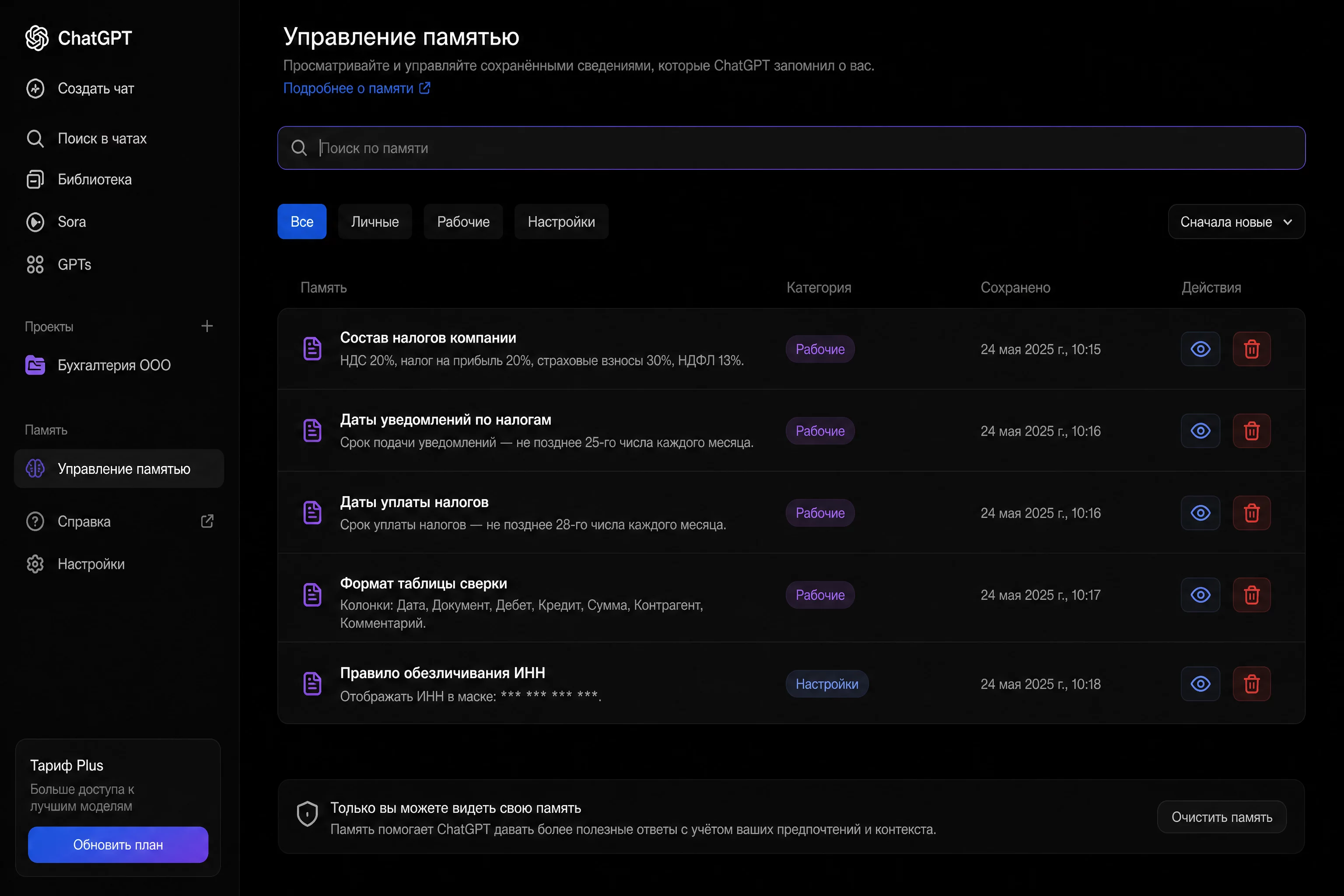 UI-мокап страницы управления памятью ChatGPT на тёмном фоне: список сохранённых заметок с составом налогов компании, датами уведомлений до 25-го числа и форматом таблицы сверки, кнопки просмотра и удаления записей