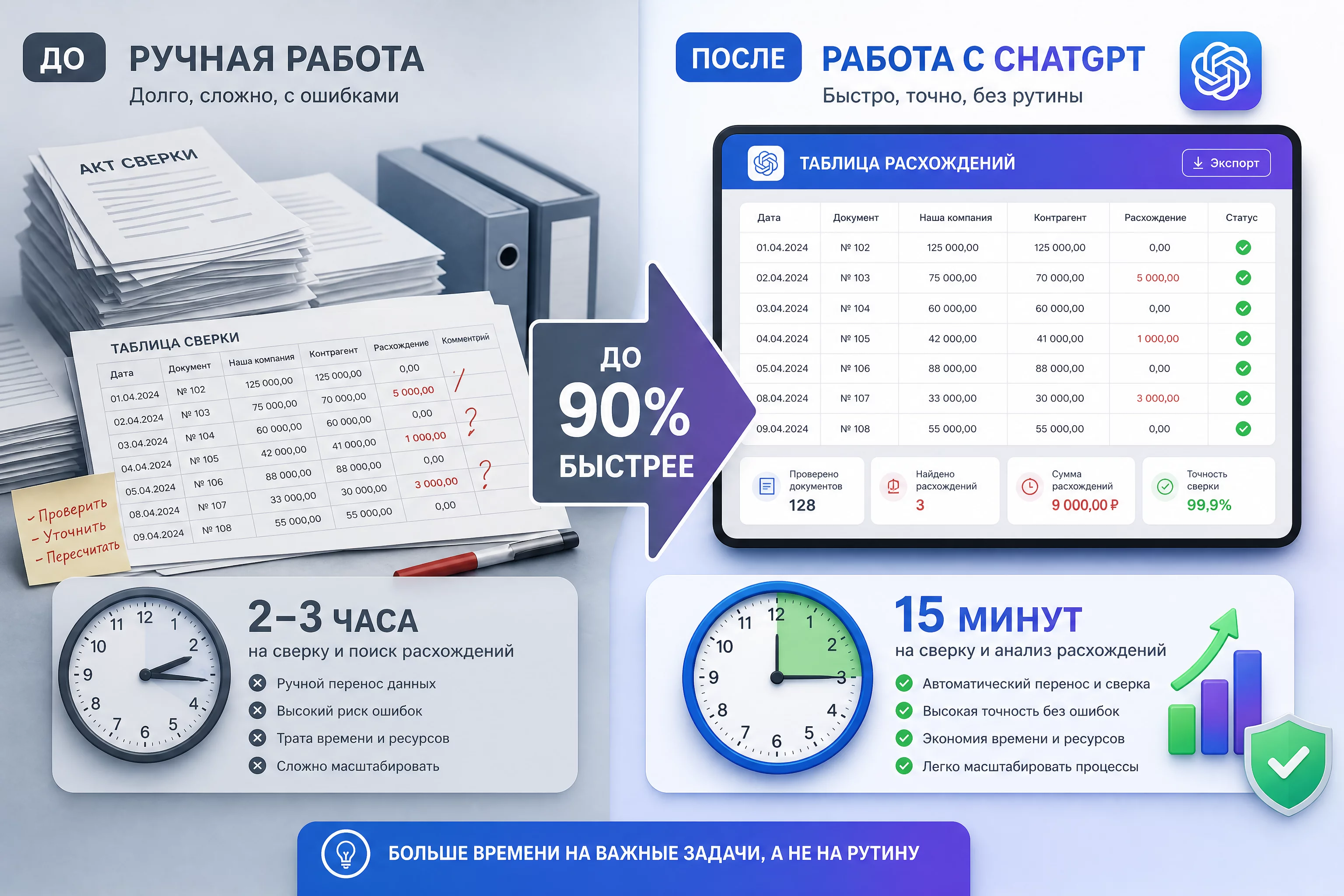 Инфографика до и после: слева три часа ручной сверки с бумажными актами, таблицами и красными пометками, справа пятнадцать минут с ChatGPT и чистой таблицей расхождений, стрелка показывает сокращение времени