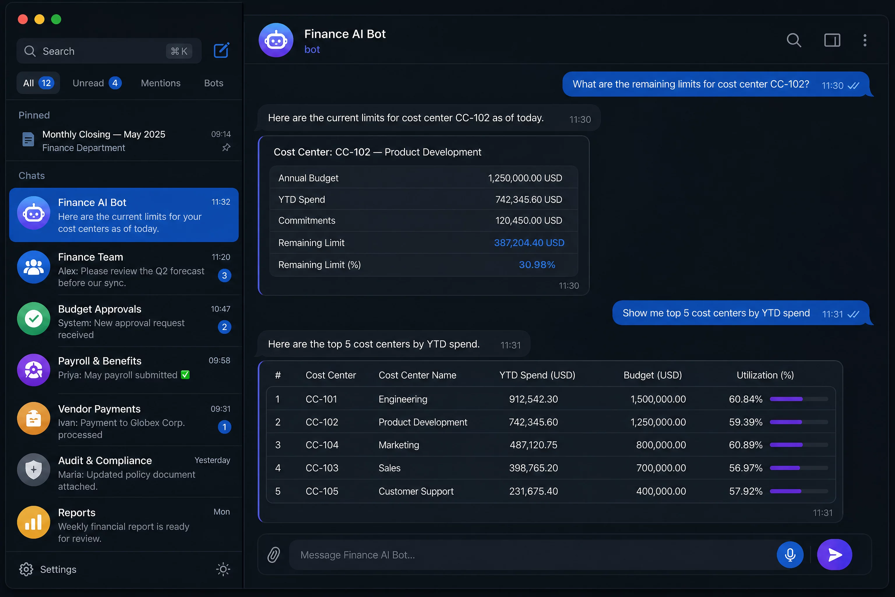 Тёмный интерфейс мессенджера с диалогом AI-ассистента и финансовыми данными на экране, продуктовый UI-рендер без людей
