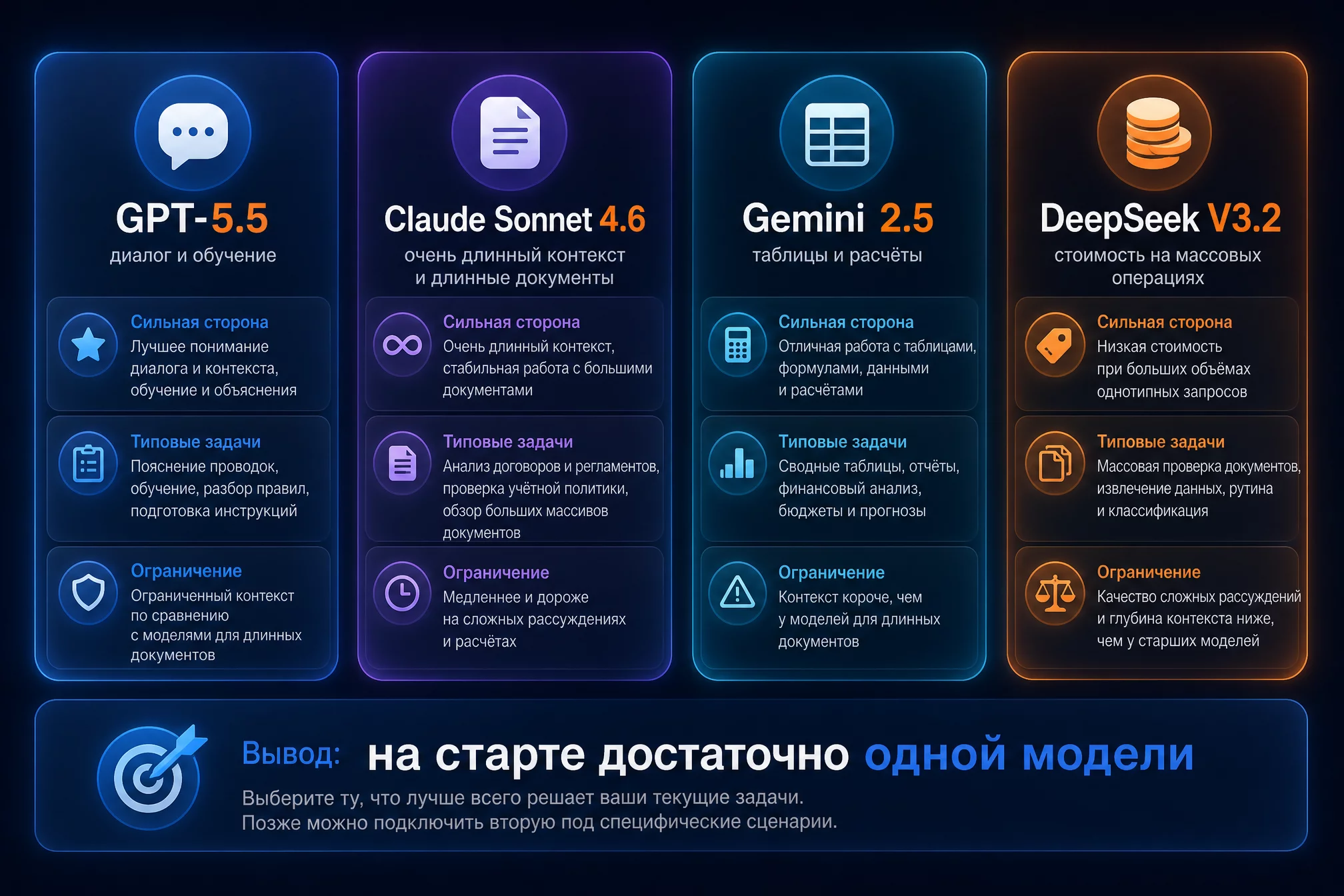 Сравнительная инфографика выбора нейросети для бухгалтера: ChatGPT, Claude, Gemini и DeepSeek по типовым задачам учёта